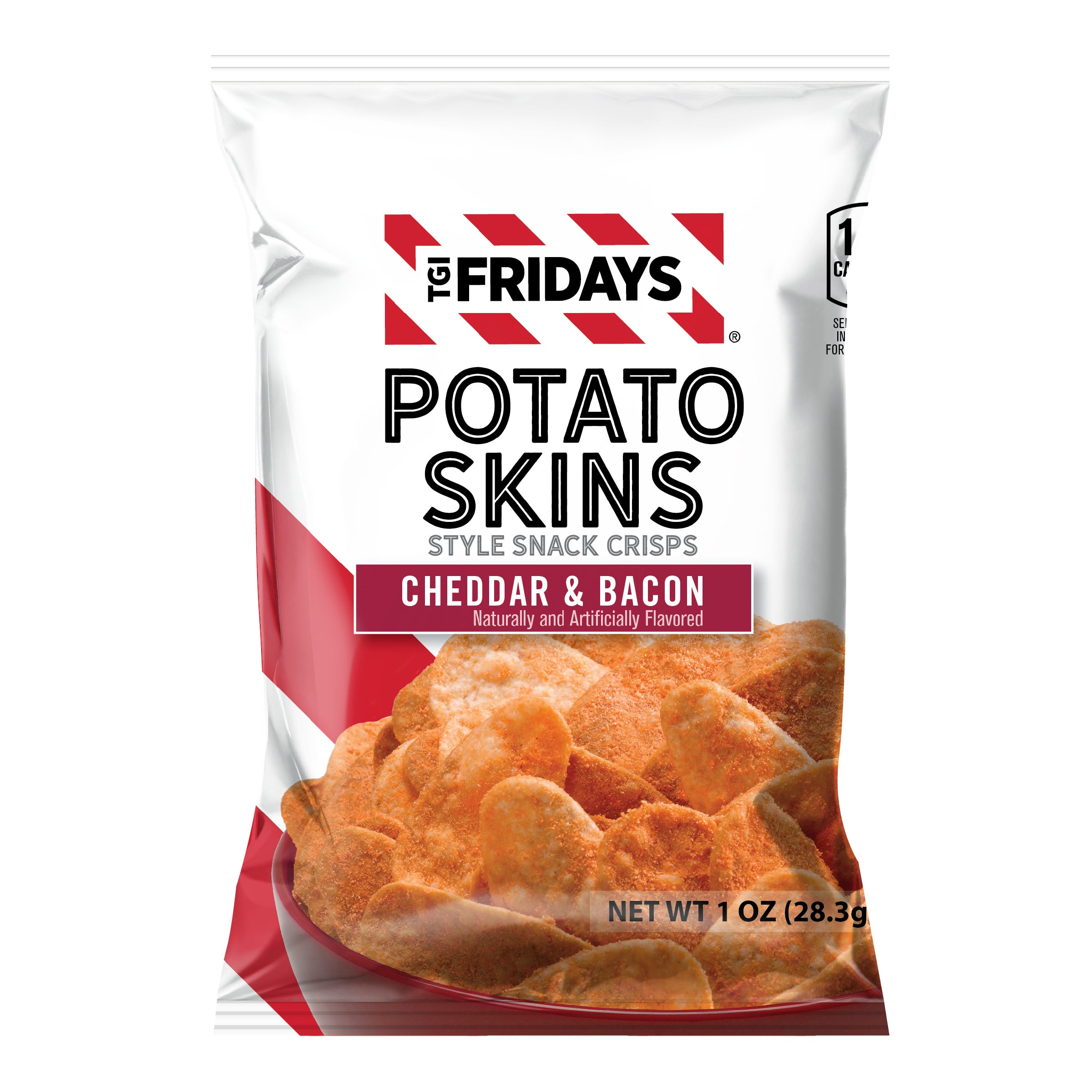 Front of the TGI Fridays Potato Skins Cheddar & Bacon flavor snack bag. Features the brand logo, product name, and an image of crispy potato skins on a white and red background. Highlights the weight of 1 ounce (28.3g).