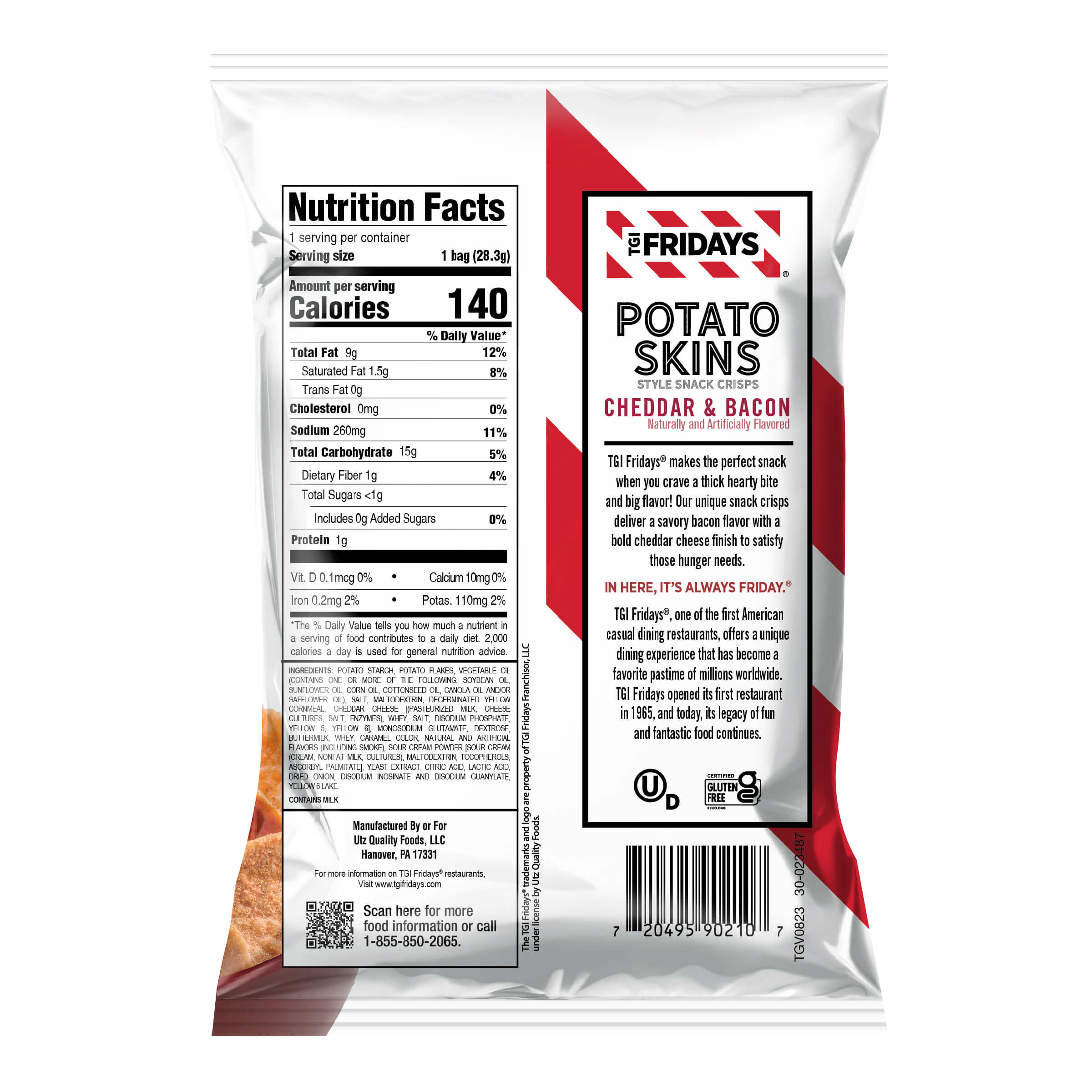 Package of T.G.I. Friday's Potato Skins Cheddar & Bacon with nutrition facts label and branding.