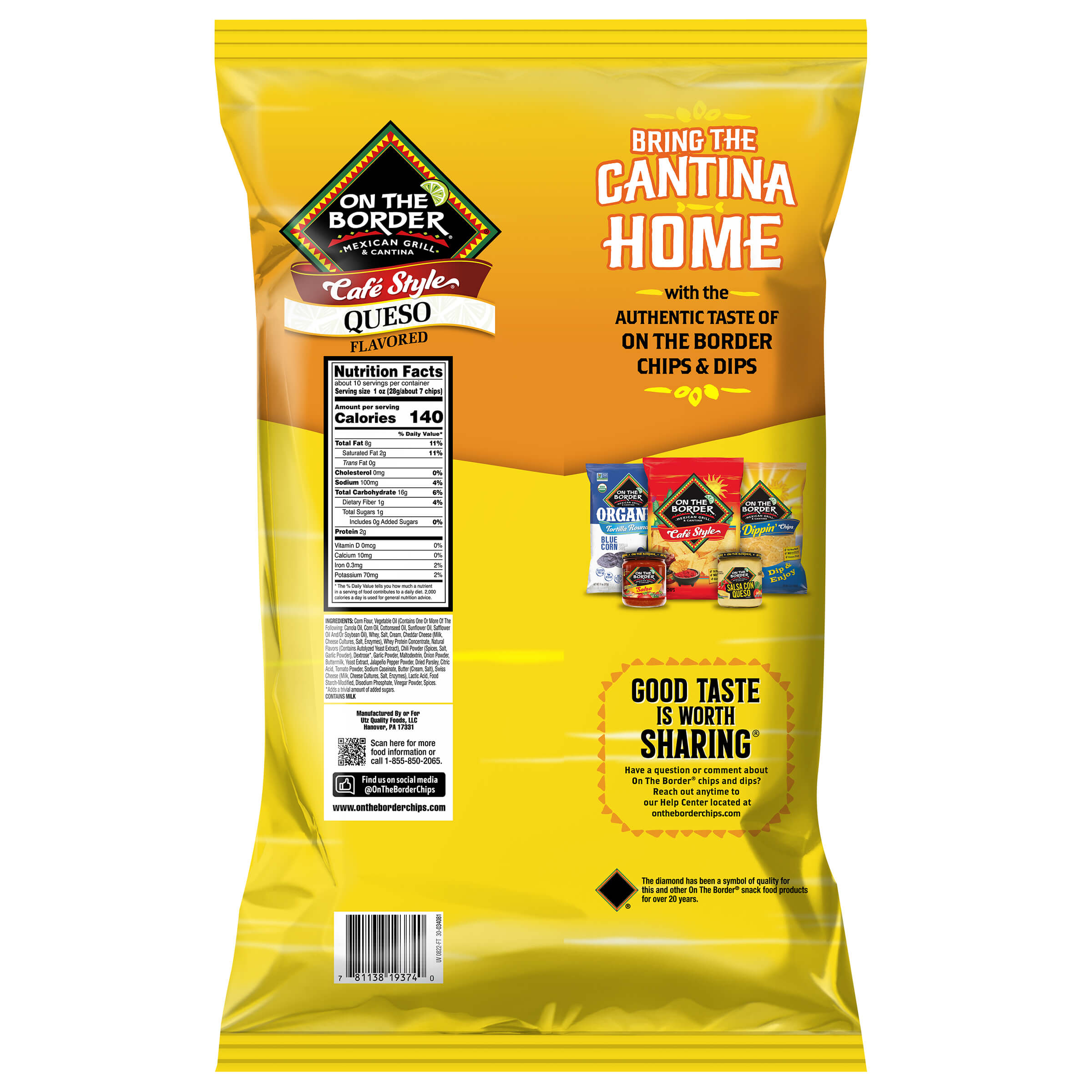 On the Border Queso flavored chips packaging on a white background