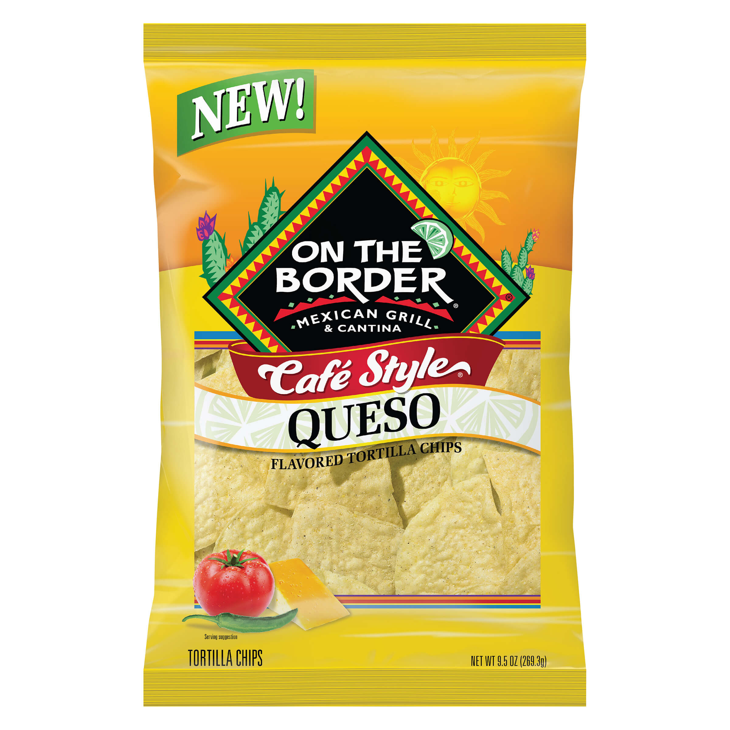 Packaging of On The Border Cafe Style Queso tortilla chips with yellow background