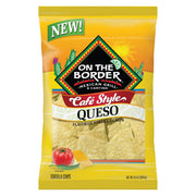 Packaging of 'On The Border' Cafe Style Queso tortilla chips with yellow background