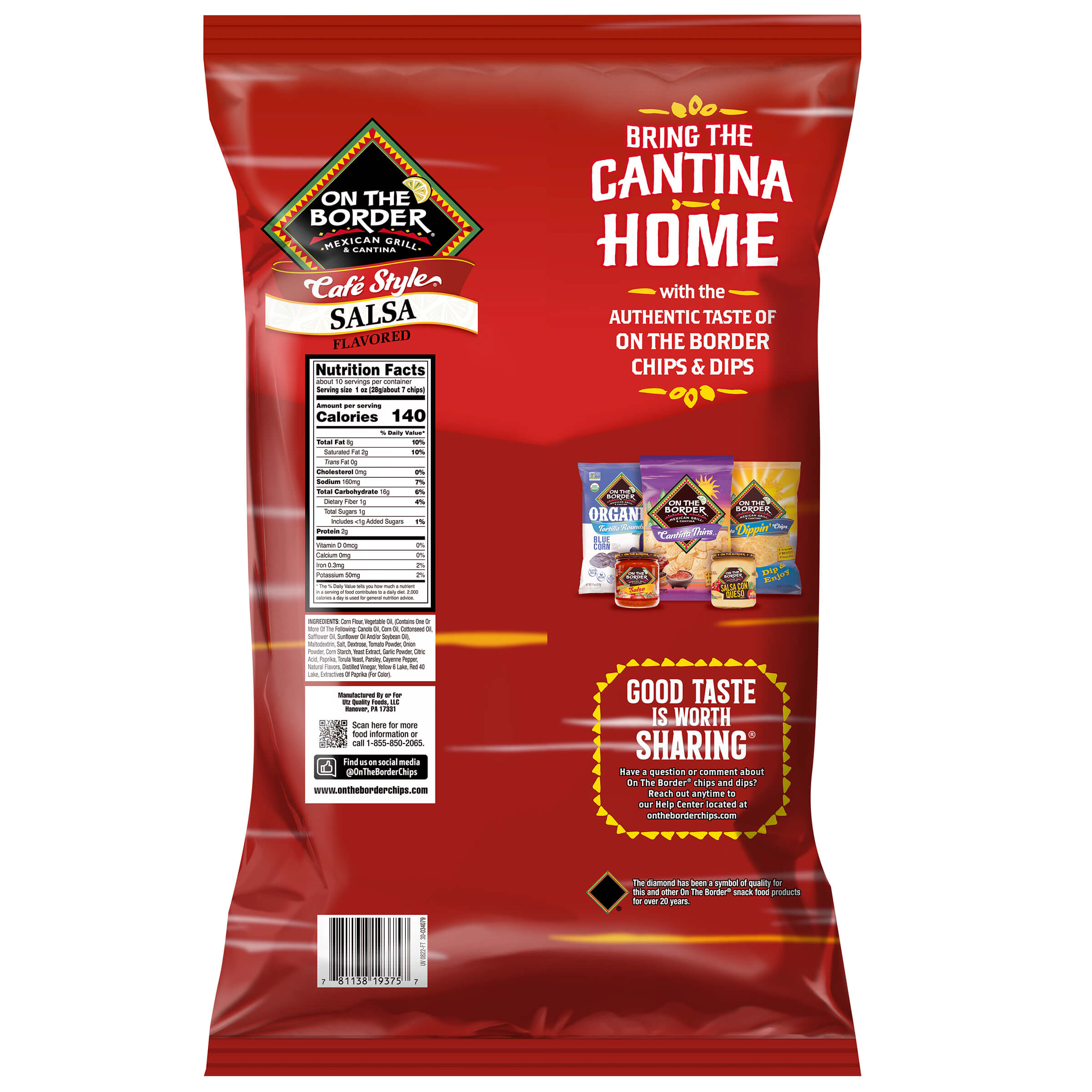 Red salsa packet with branding and product details on a white background