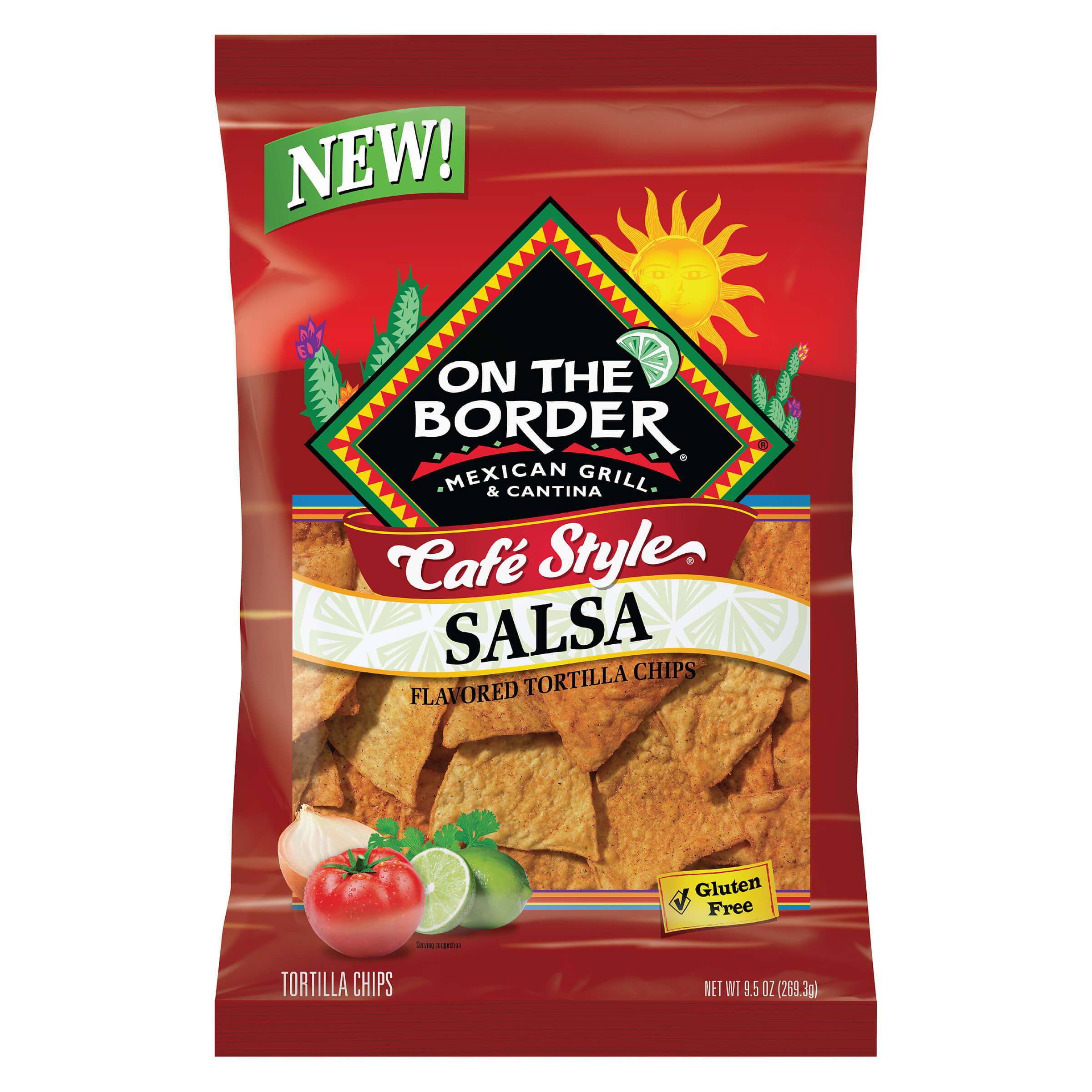 On The Border Cafe Style Salsa tortilla chips packaging on a white background
