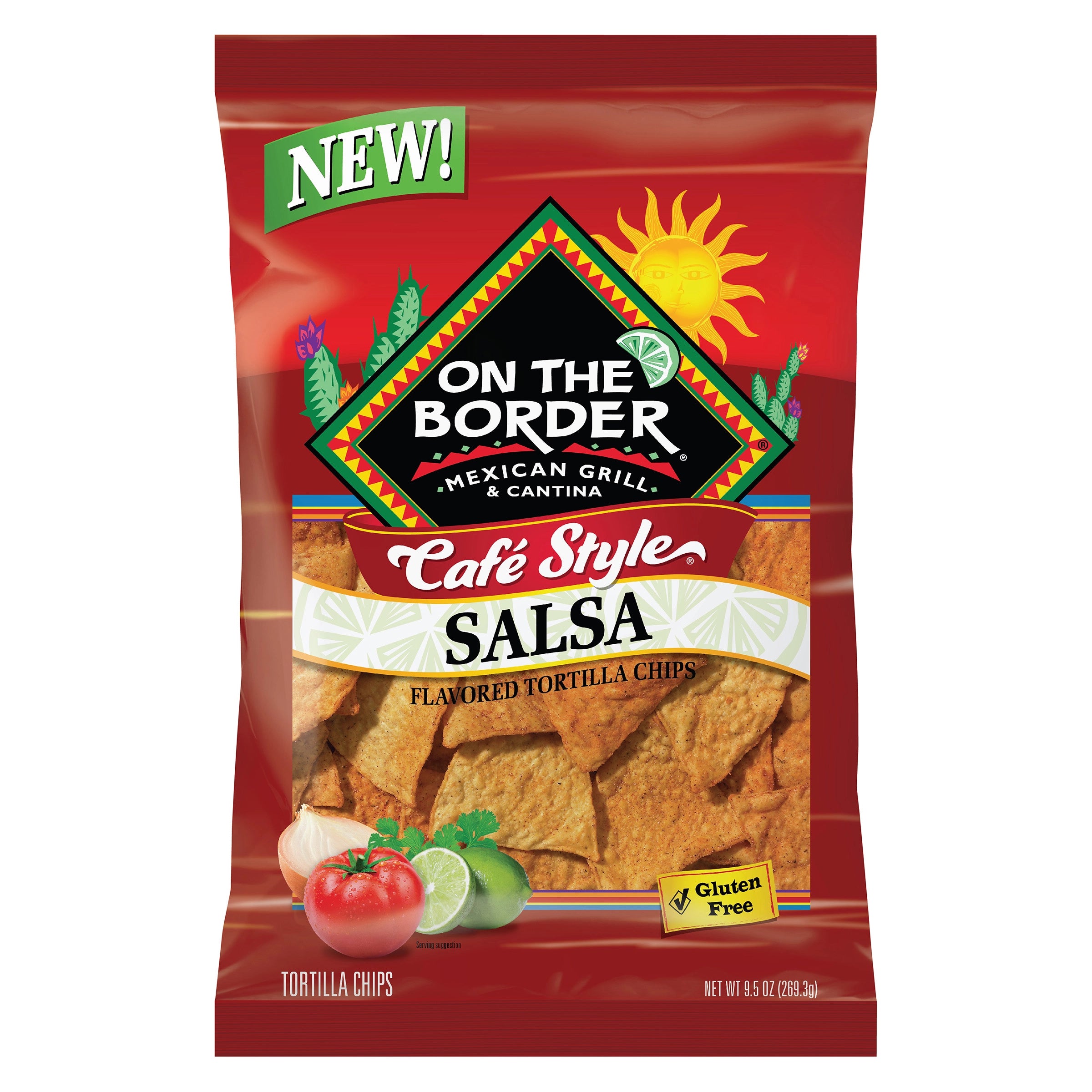 On The Border Cafe Style Salsa tortilla chips packaging on a white background