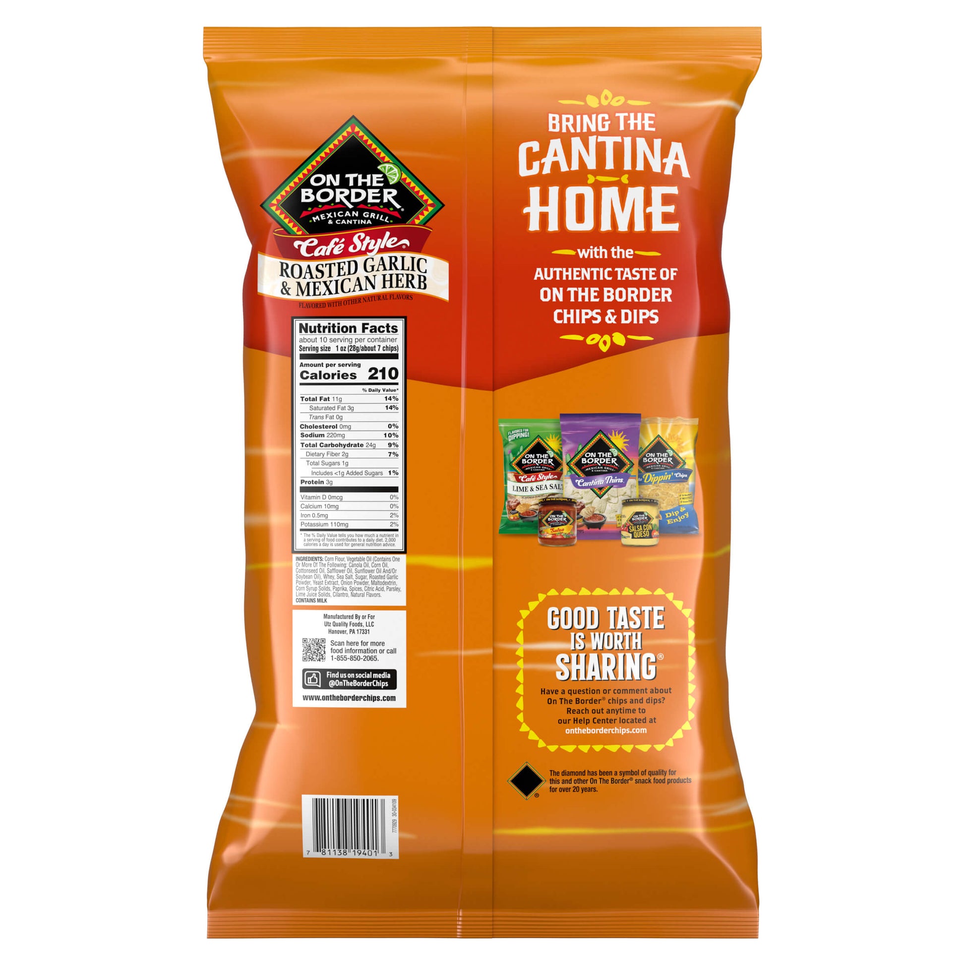 On the Border Cafe Style roasted garlic and Mexican herb tortilla chips packaging on a white background