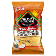 Packaging of On The Border Cafe Style roasted garlic & Mexican herb tortilla chips on a white background