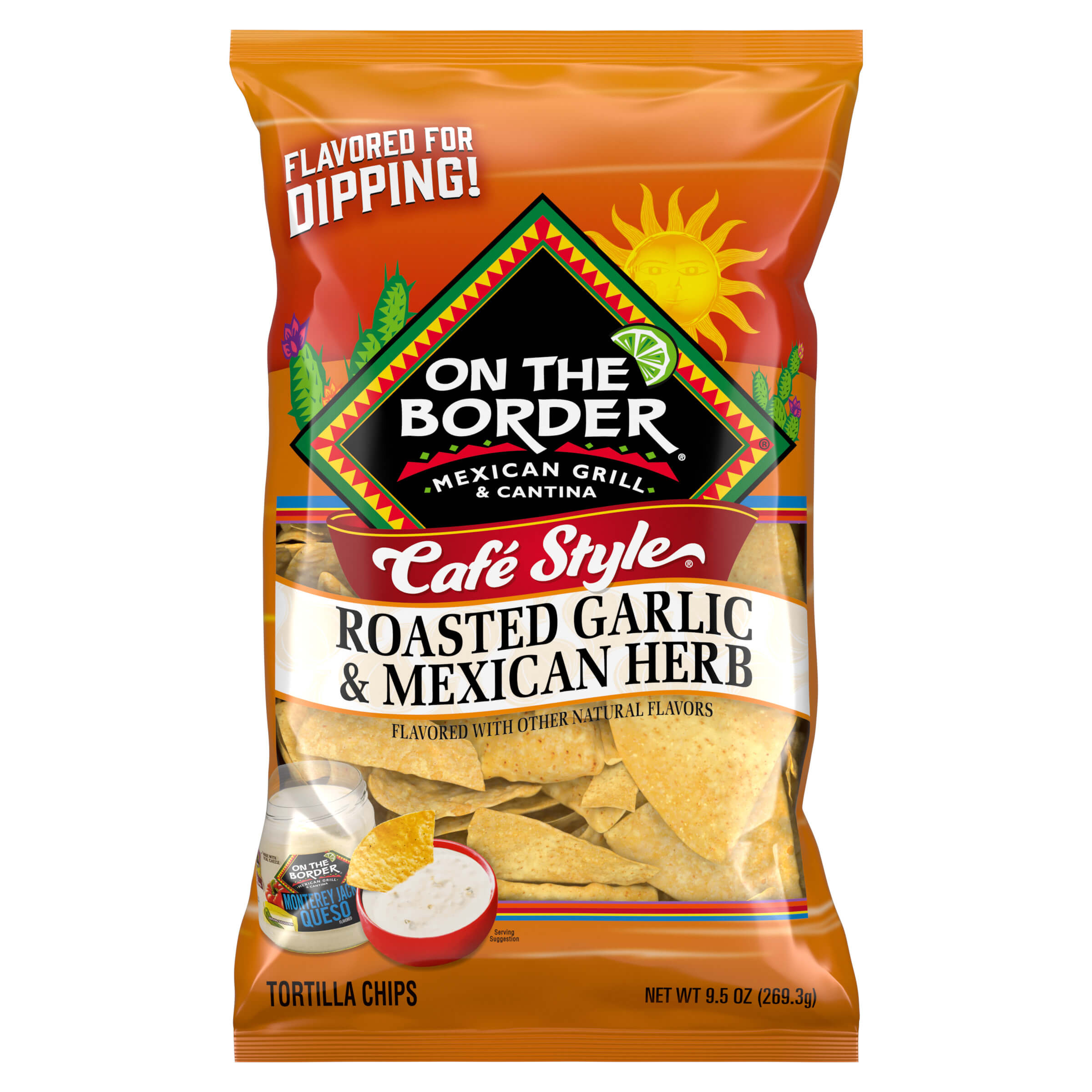 Packaging of 'On The Border' roasted garlic and Mexican herb tortilla chips on a white background