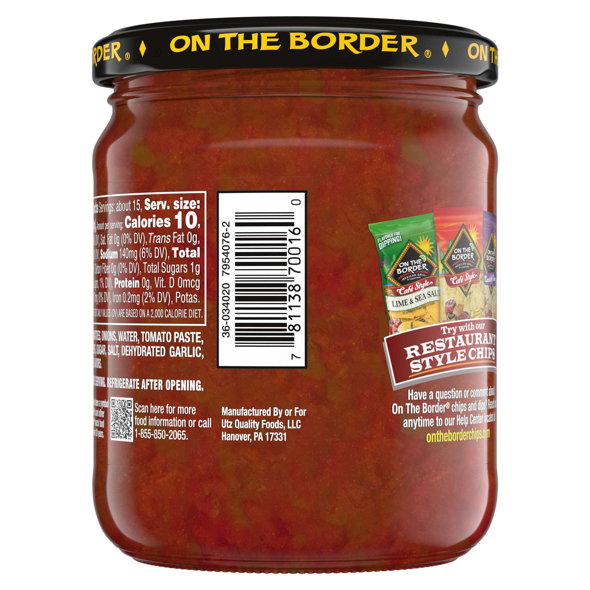 Jar of salsa with 'On The Border' branding on a white background