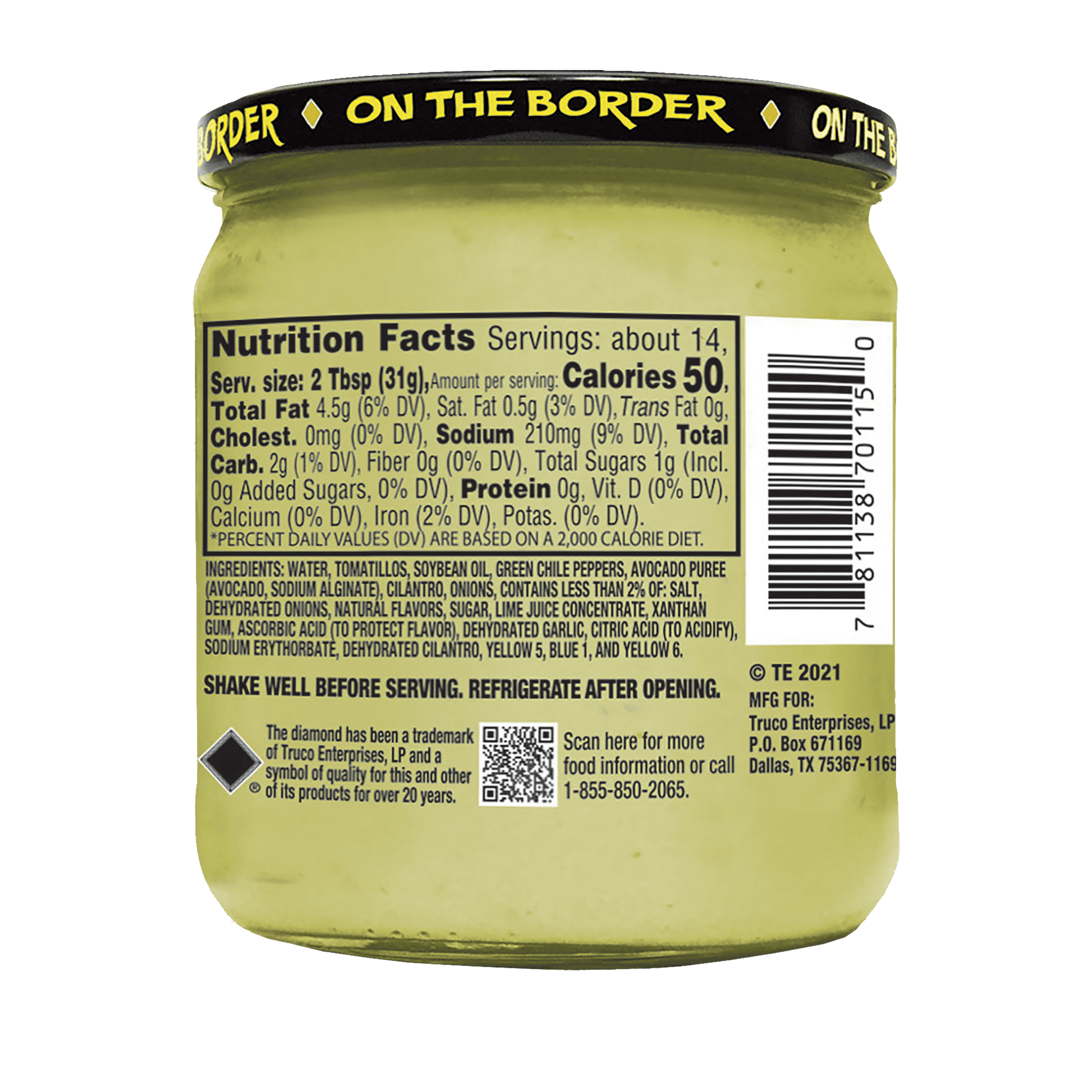 Back of a jar of 'On The Border' product with nutrition facts label