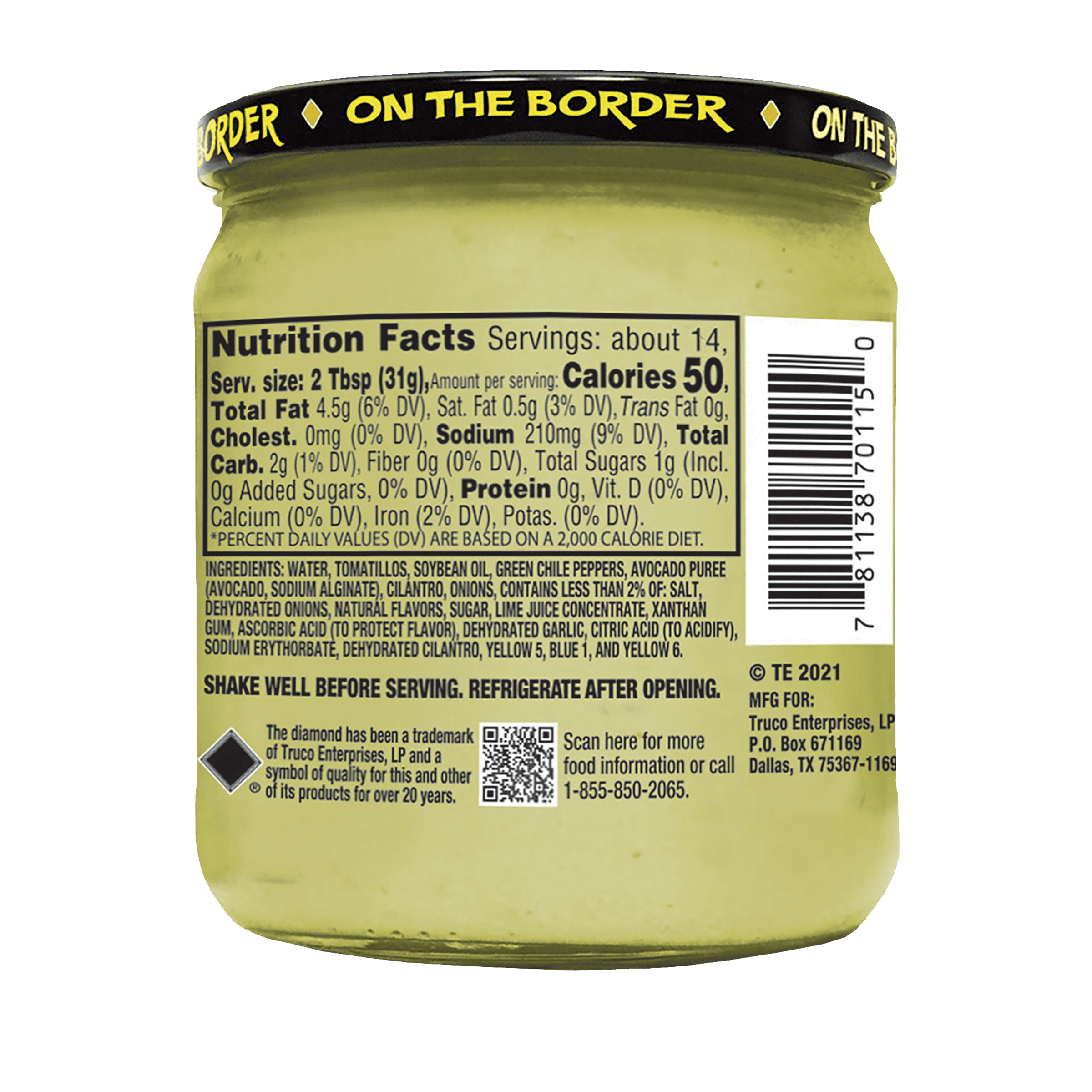 Back of a jar of 'On The Border' product with nutrition facts label