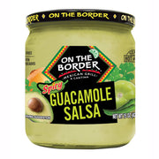 Jar of On The Border Spicy Guacamole Salsa on a white background