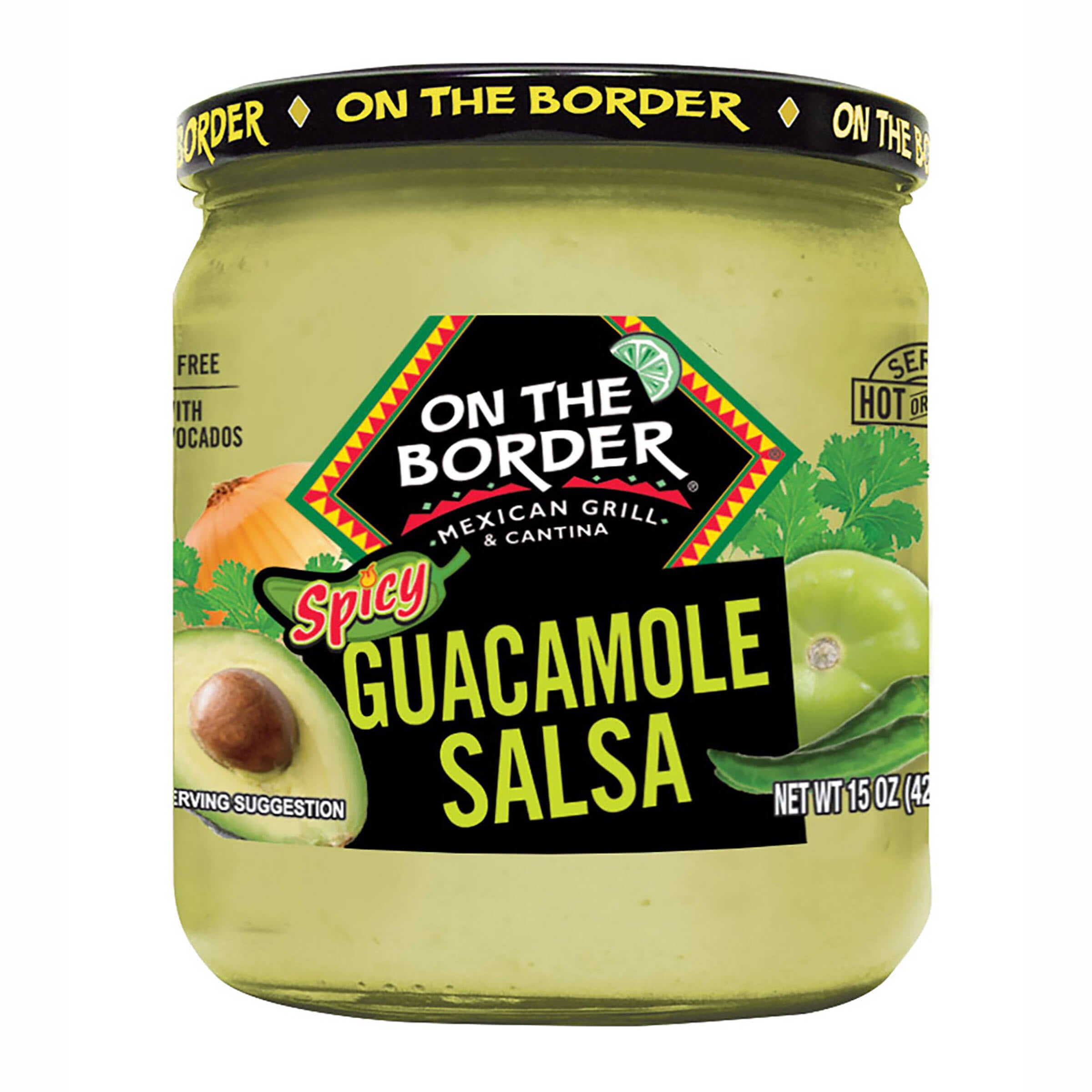 Jar of On The Border Spicy Guacamole Salsa on a white background