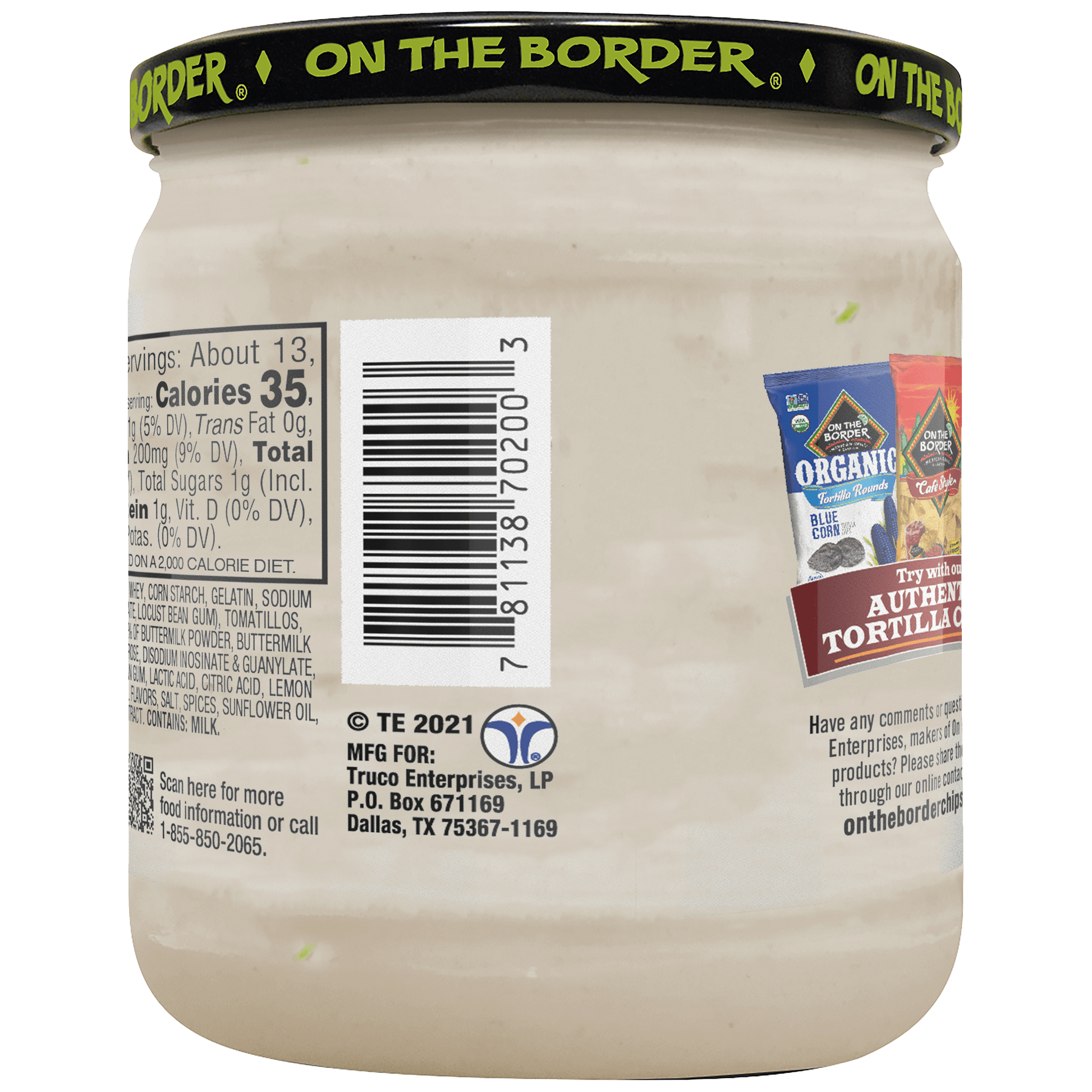 Back view of a jar of 'On The Border' cream cheese spread with label details.