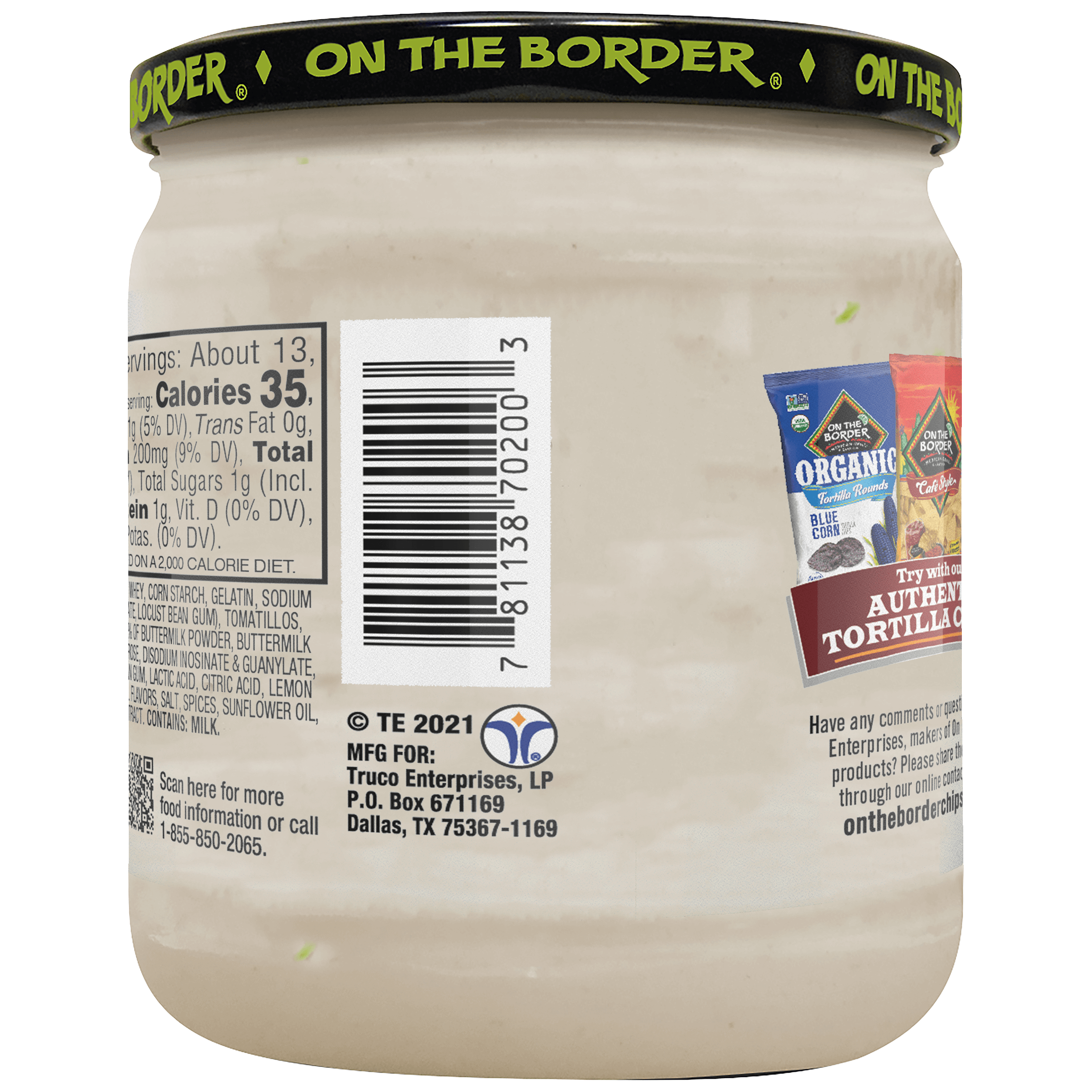 Back view of a jar of 'On The Border' cream cheese spread with label details.