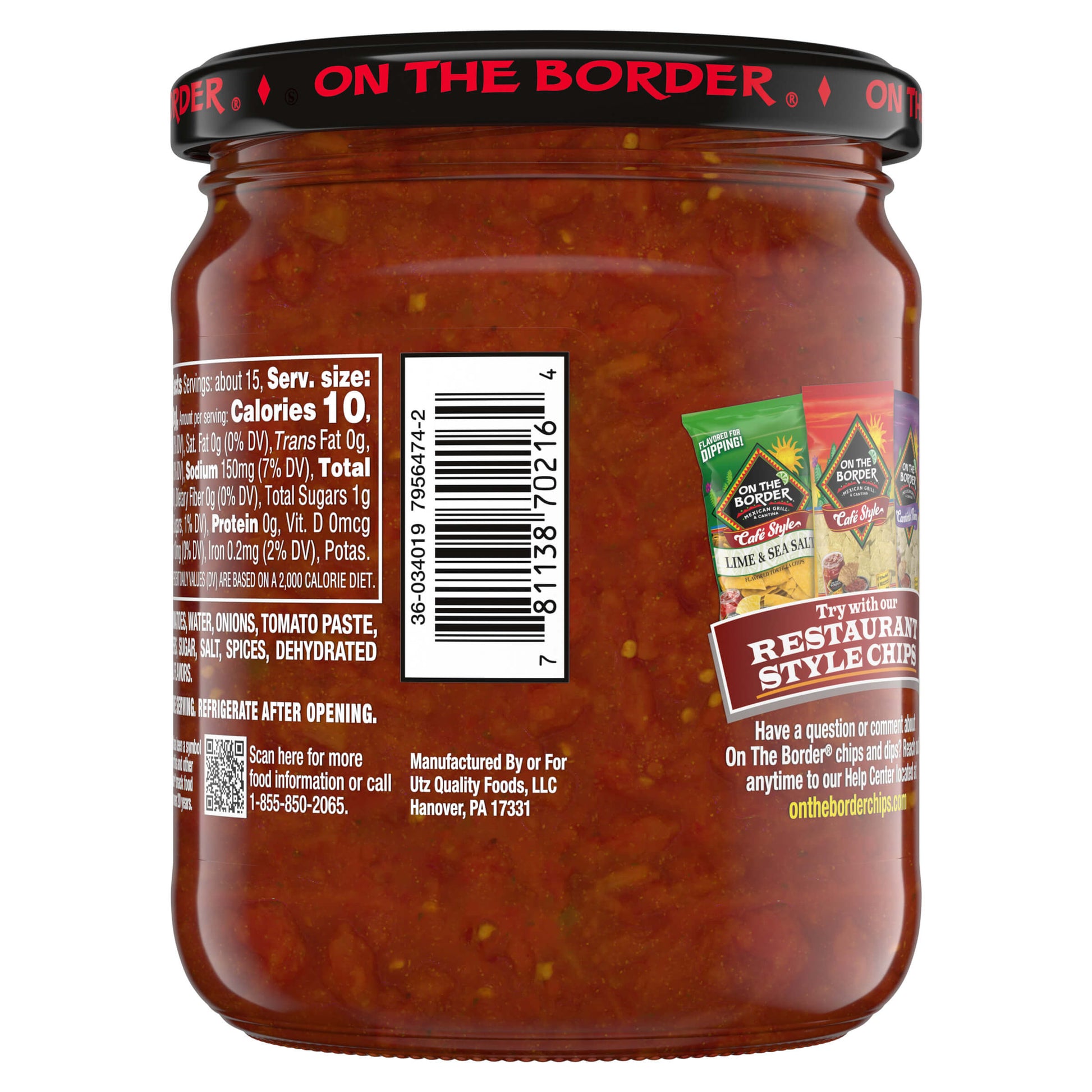 Jar of salsa with 'On The Border' branding on a white background