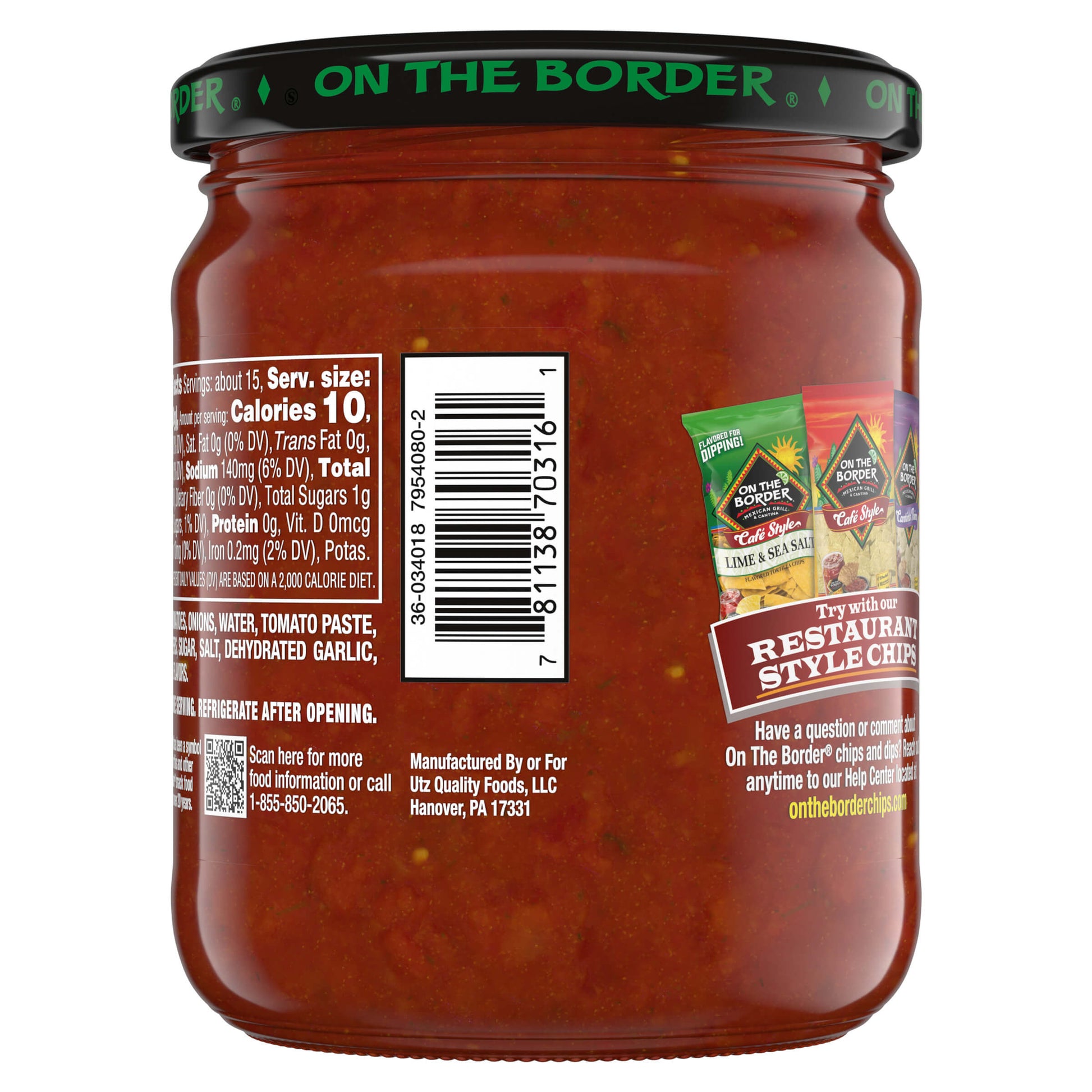 Jar of salsa with label showing nutritional information and branding