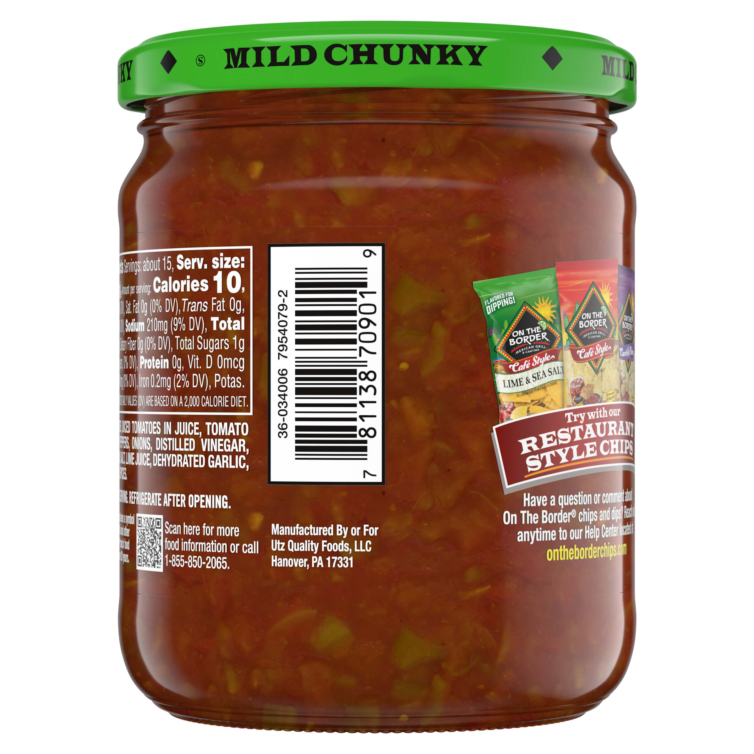 Jar of mild chunky salsa with green lid and label showing brand information.