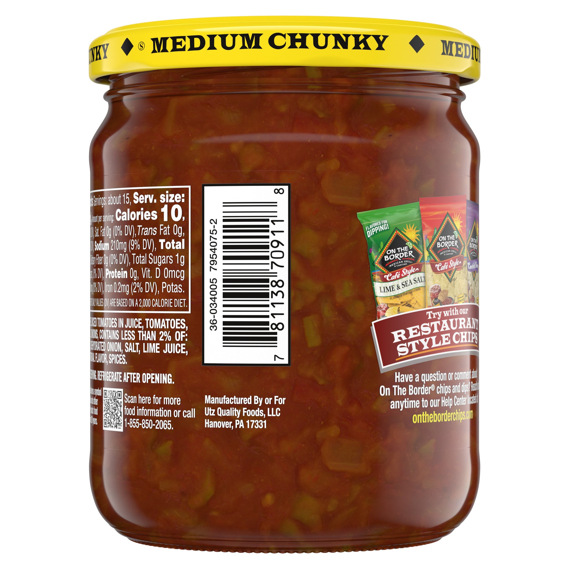 Jar of medium chunky salsa with label showing nutrition information and brand details.