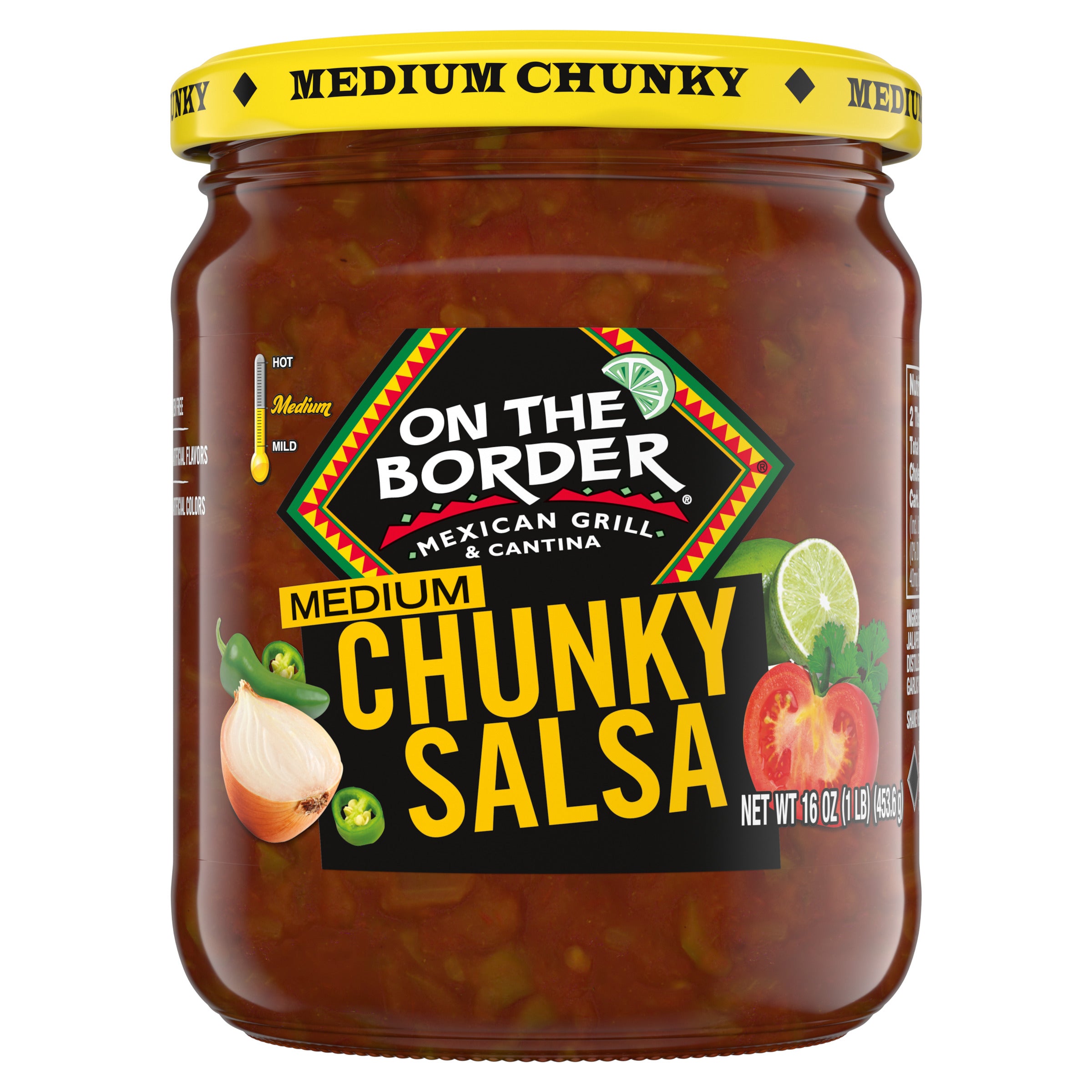 Jar of On The Border Medium Chunky Salsa on a white background