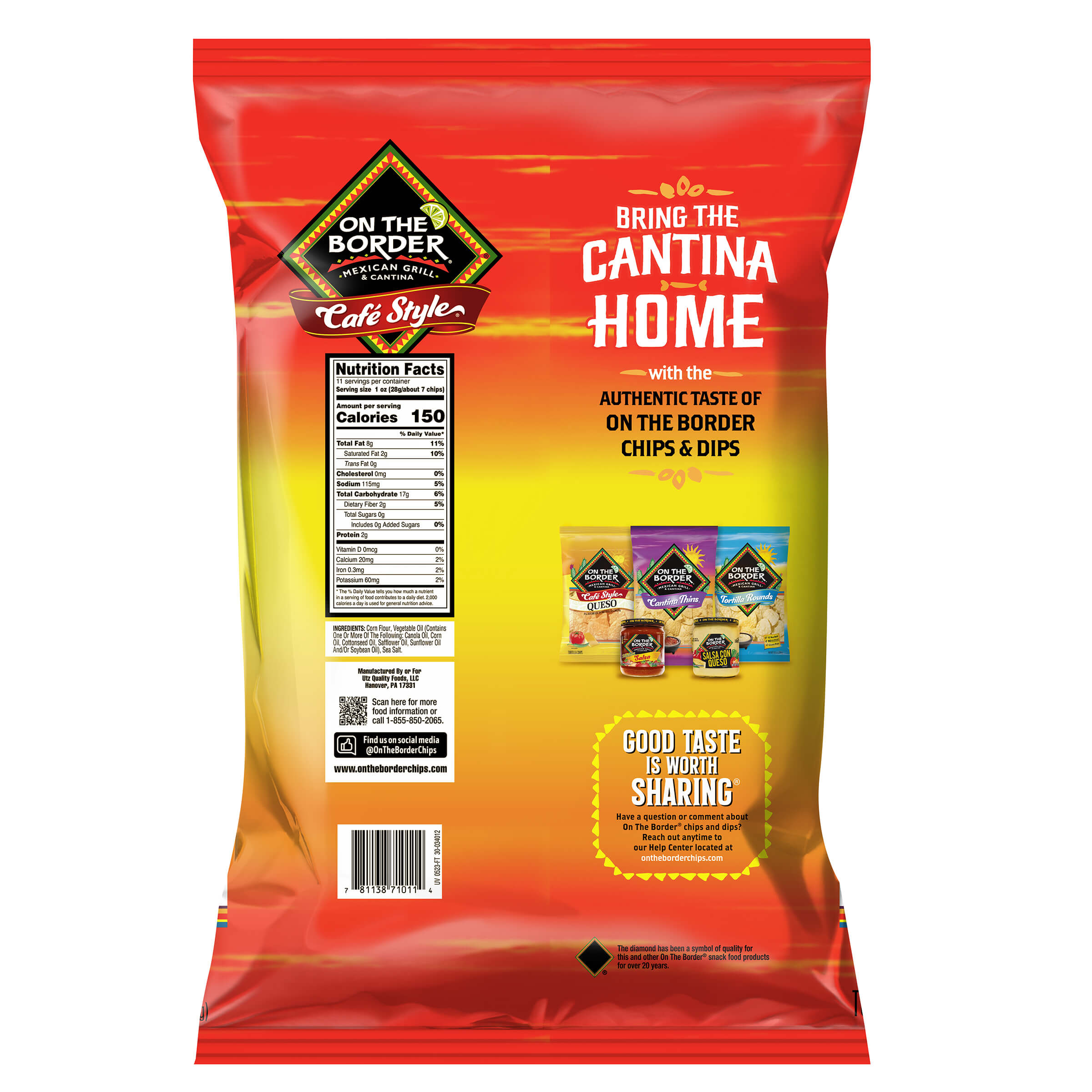 On The Border Café Style Tortilla Chips 11oz bag back with nutrition facts