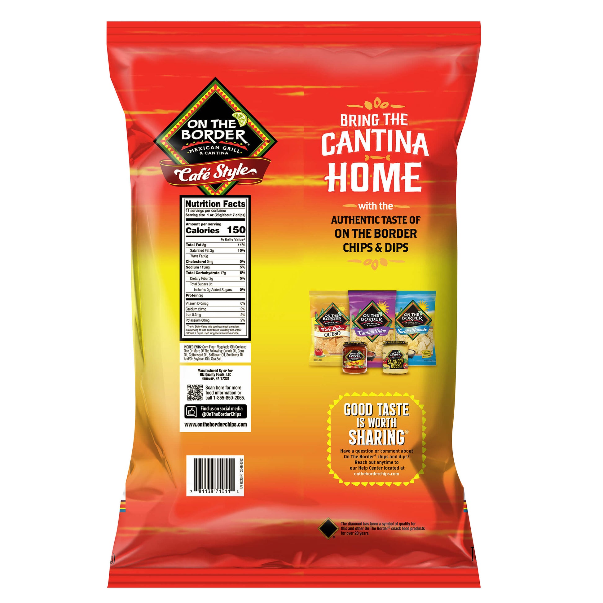 On the Border Cafe Style chips packaging with branding and product information.