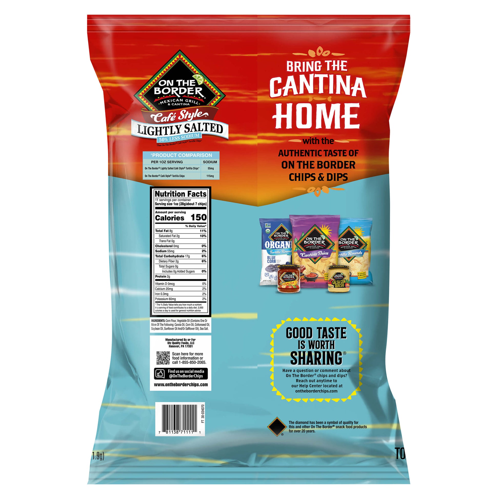 The back of a bag of On The Border Lightly Salted tortilla chips, showing nutritional facts and other product information.