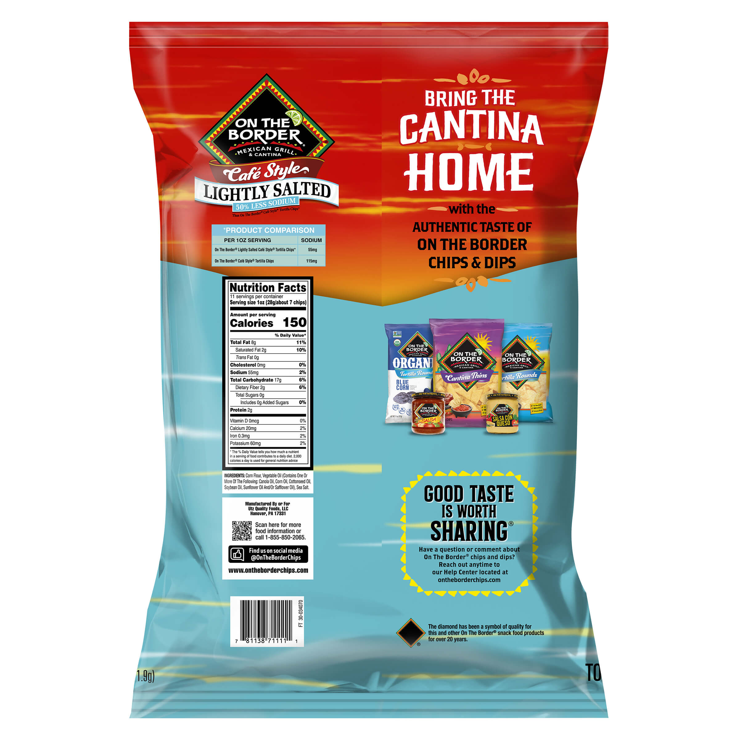 The back of a bag of On The Border Lightly Salted tortilla chips, showing nutritional facts and other product information.