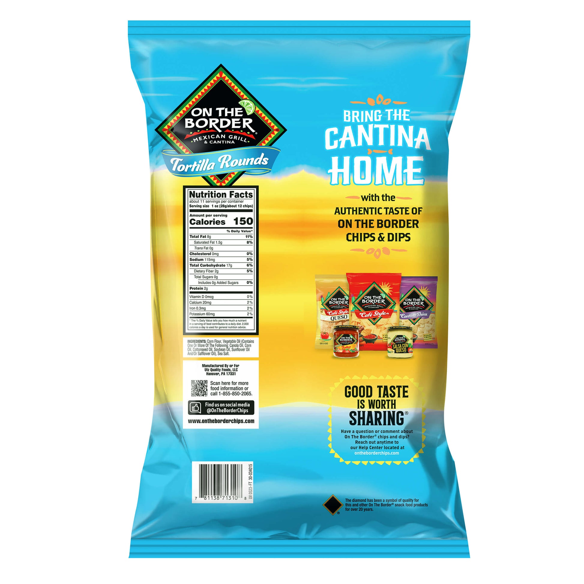 Back of a bag of "On the Border" tortilla chips with nutrition facts and a "BRING THE CANTINA HOME" slogan.