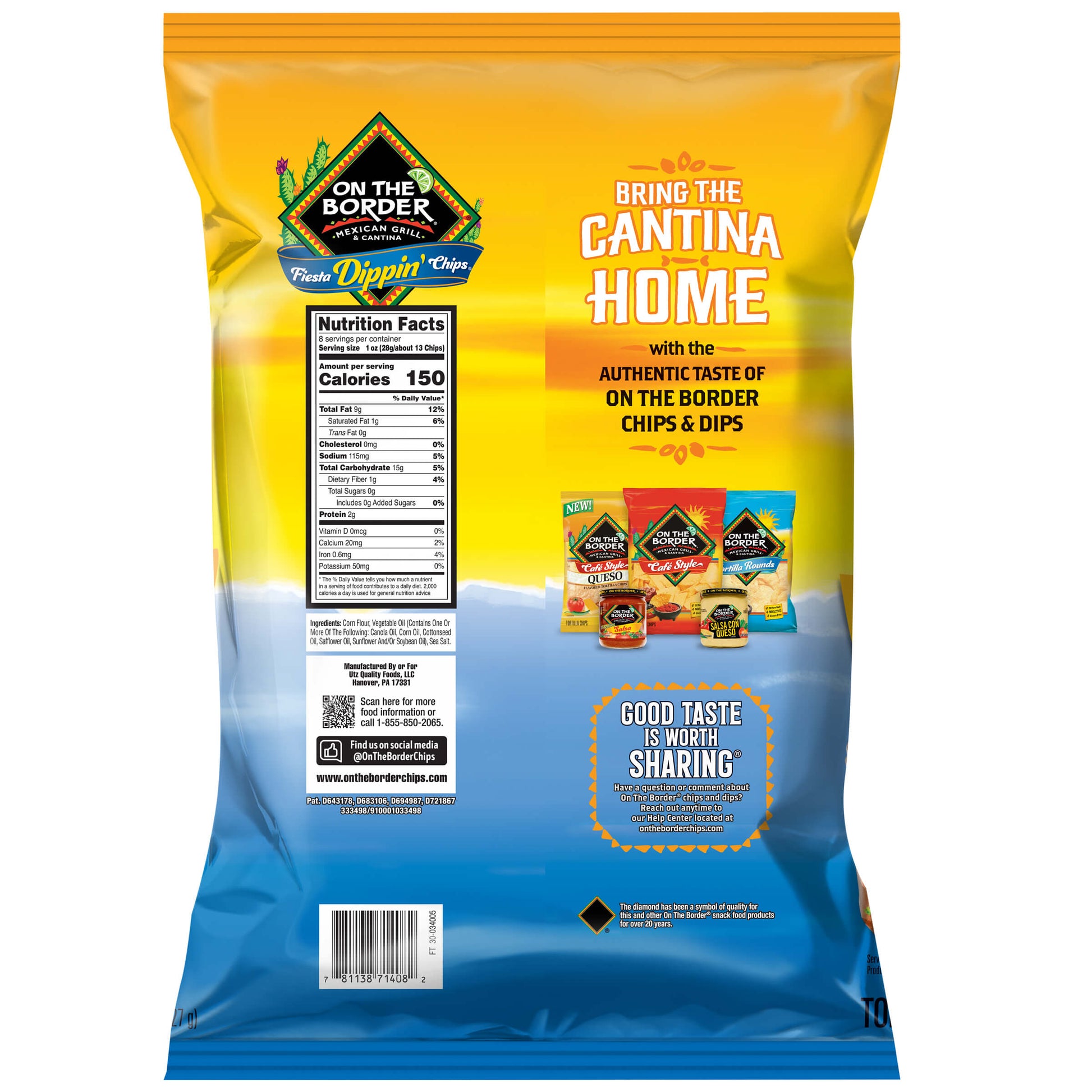 On The Border Fiesta Dippin Chips 8oz bag back with nutrition facts