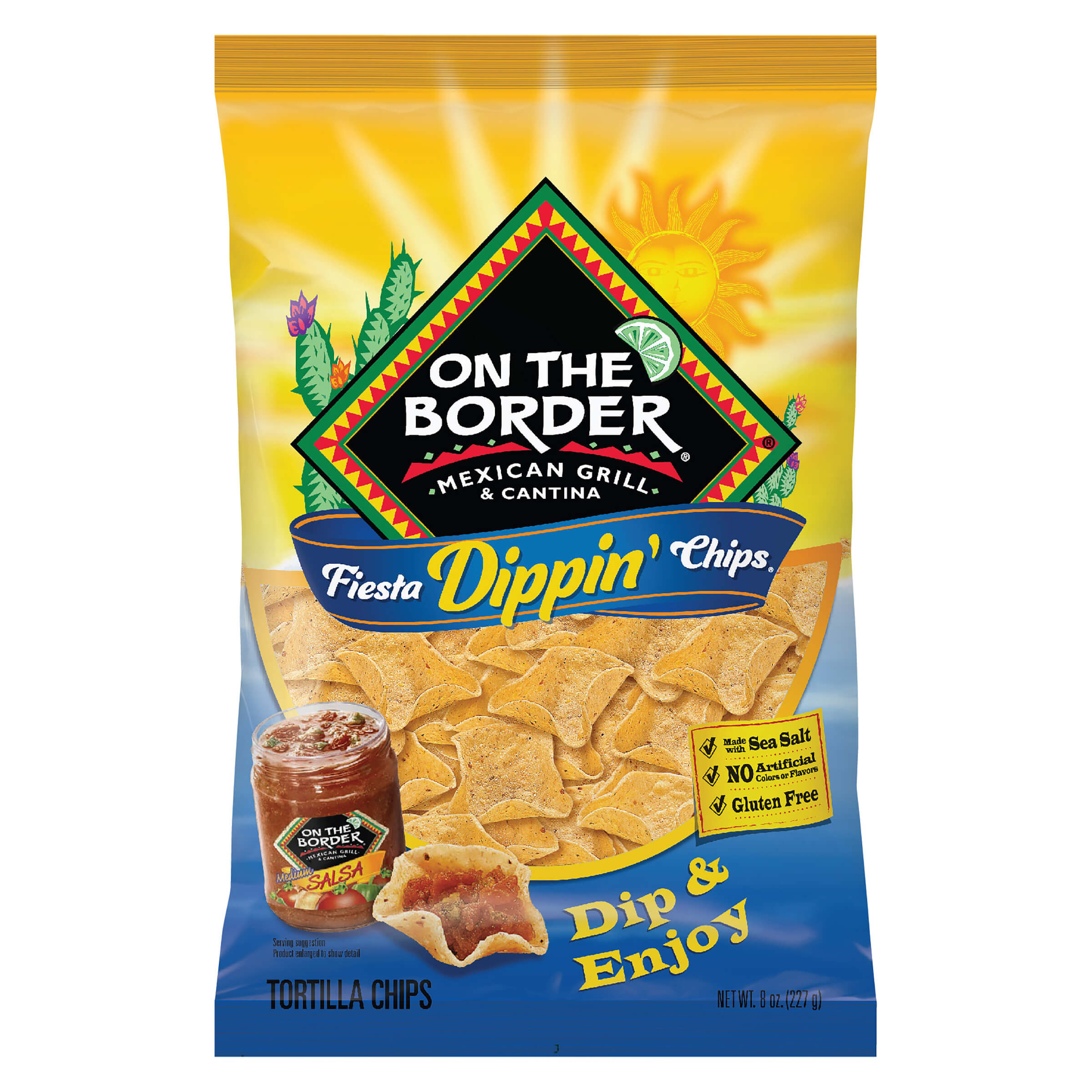 Packaging of On The Border Fiesta Dippin' Chips with tortilla chips and salsa on a yellow and blue background.