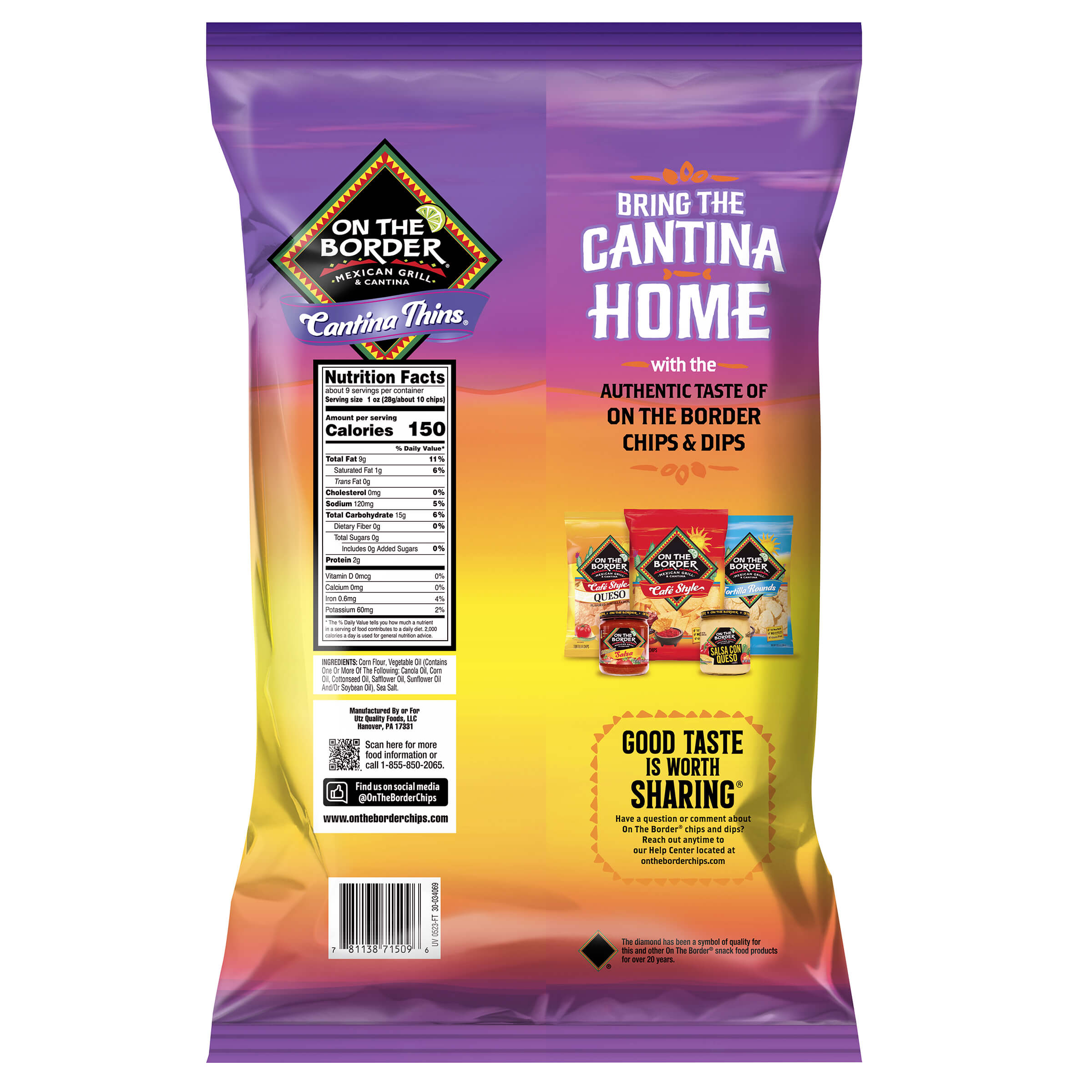 Back of a purple and yellow bag of "On the Border" Cantina Thins chips, showing nutrition facts and a "BRING THE CANTINA HOME" slogan.