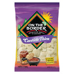 Packaging of 'On The Border' Cantina Thins tortilla chips with colorful design and branding.
