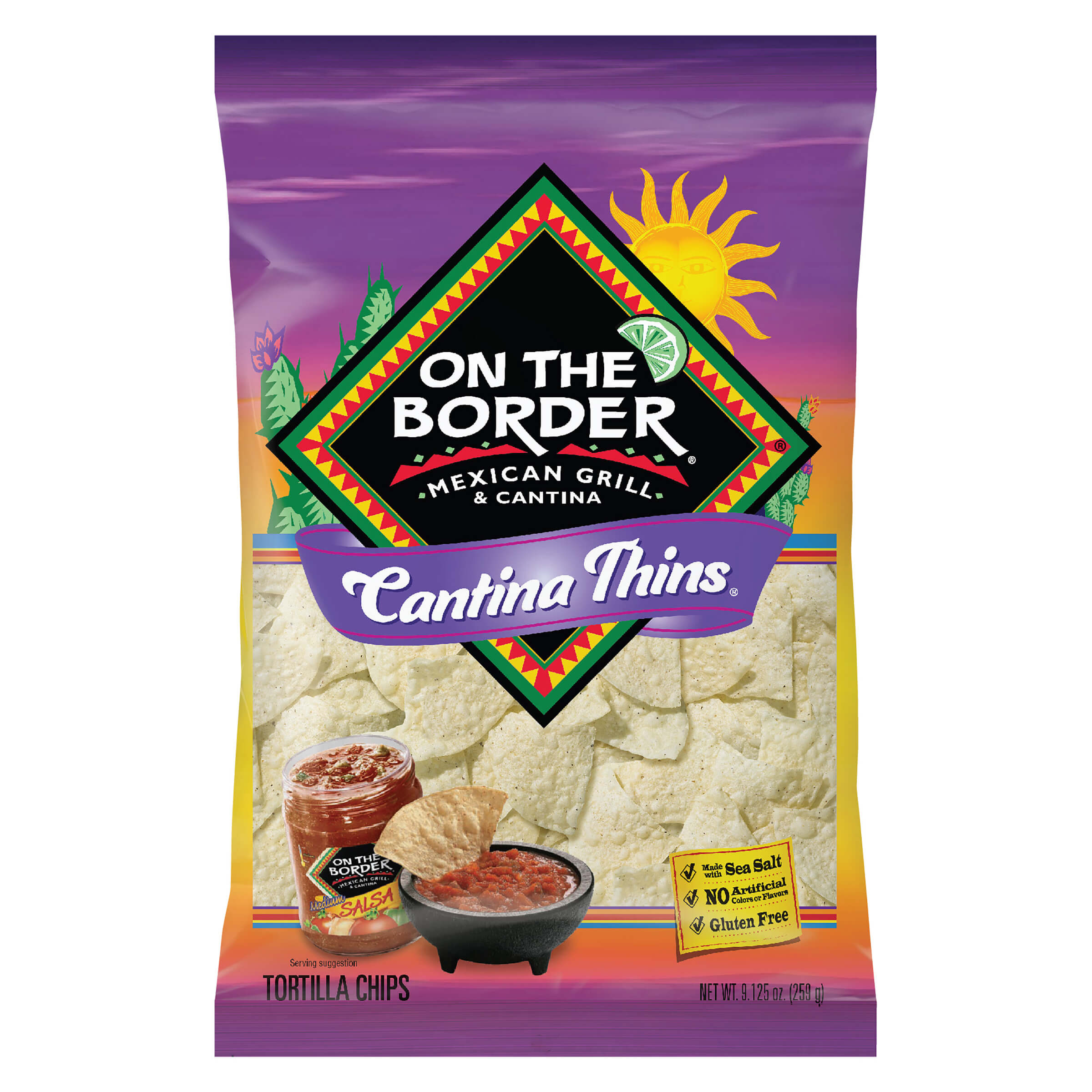 Packaging of 'On The Border' Cantina Thins tortilla chips with colorful design and branding.