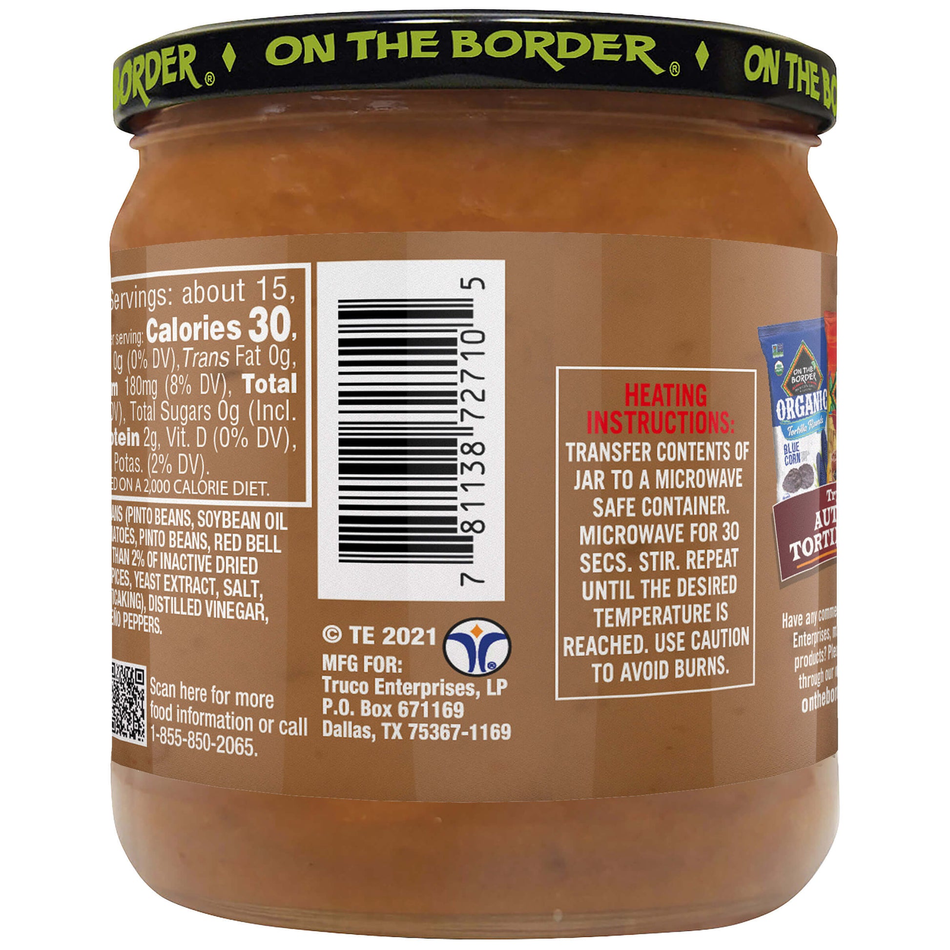 Jar of 'On The Border' salsa with label showing heating instructions and product details.