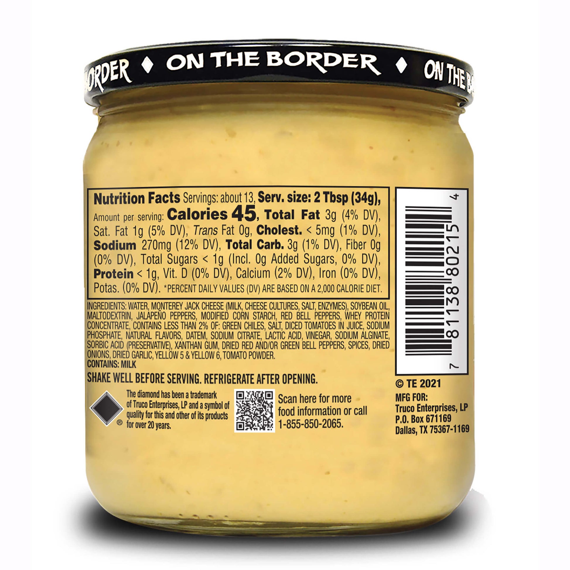 Jar of 'On The Border' food with nutrition facts label on a white background