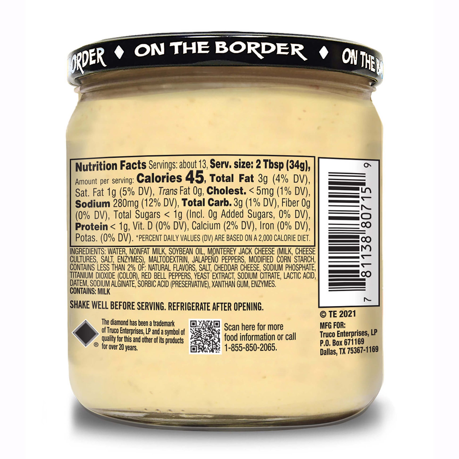 Back of a jar with 'On The Border' branding and nutrition facts label.