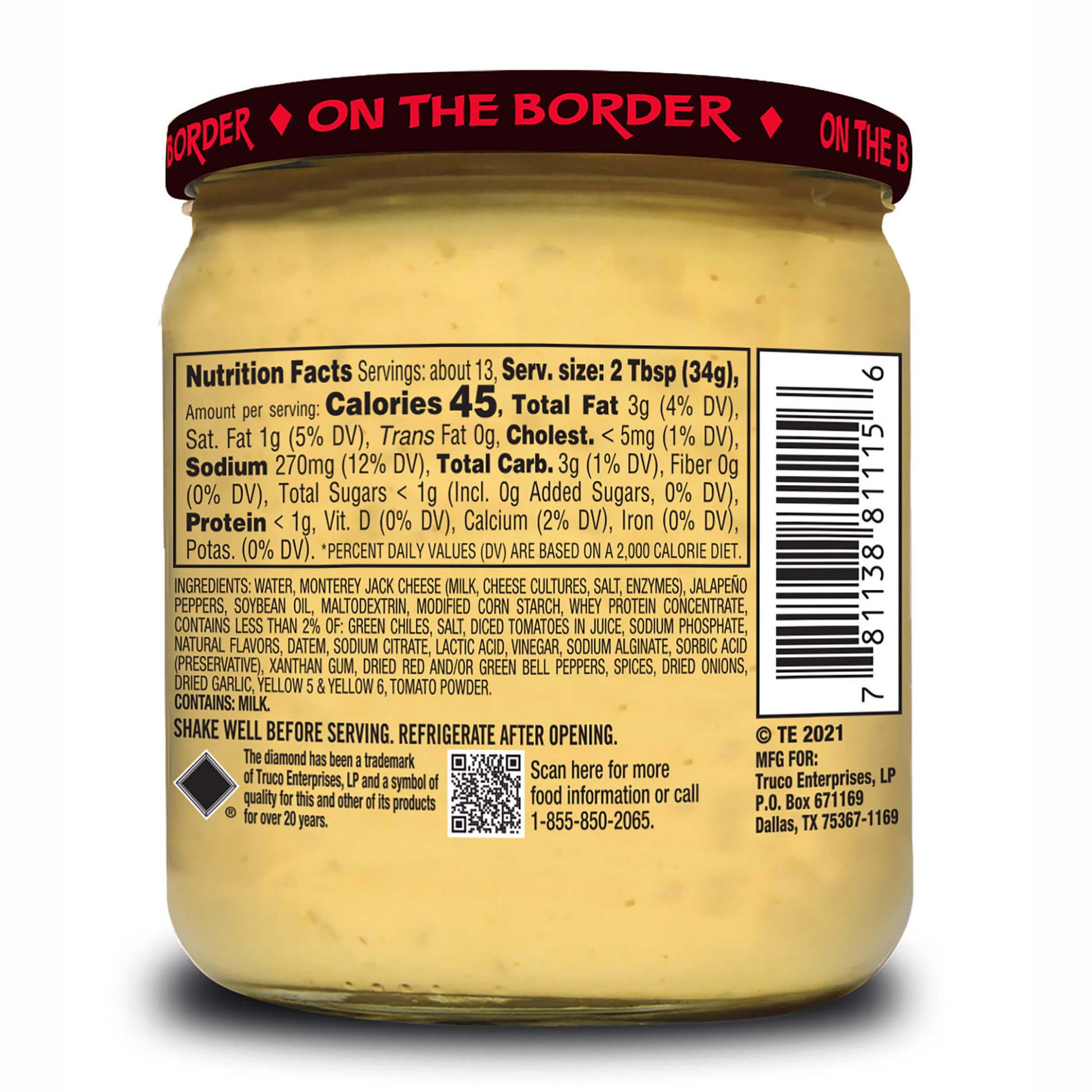 Back of a jar of 'On the Border' food product with label and barcode
