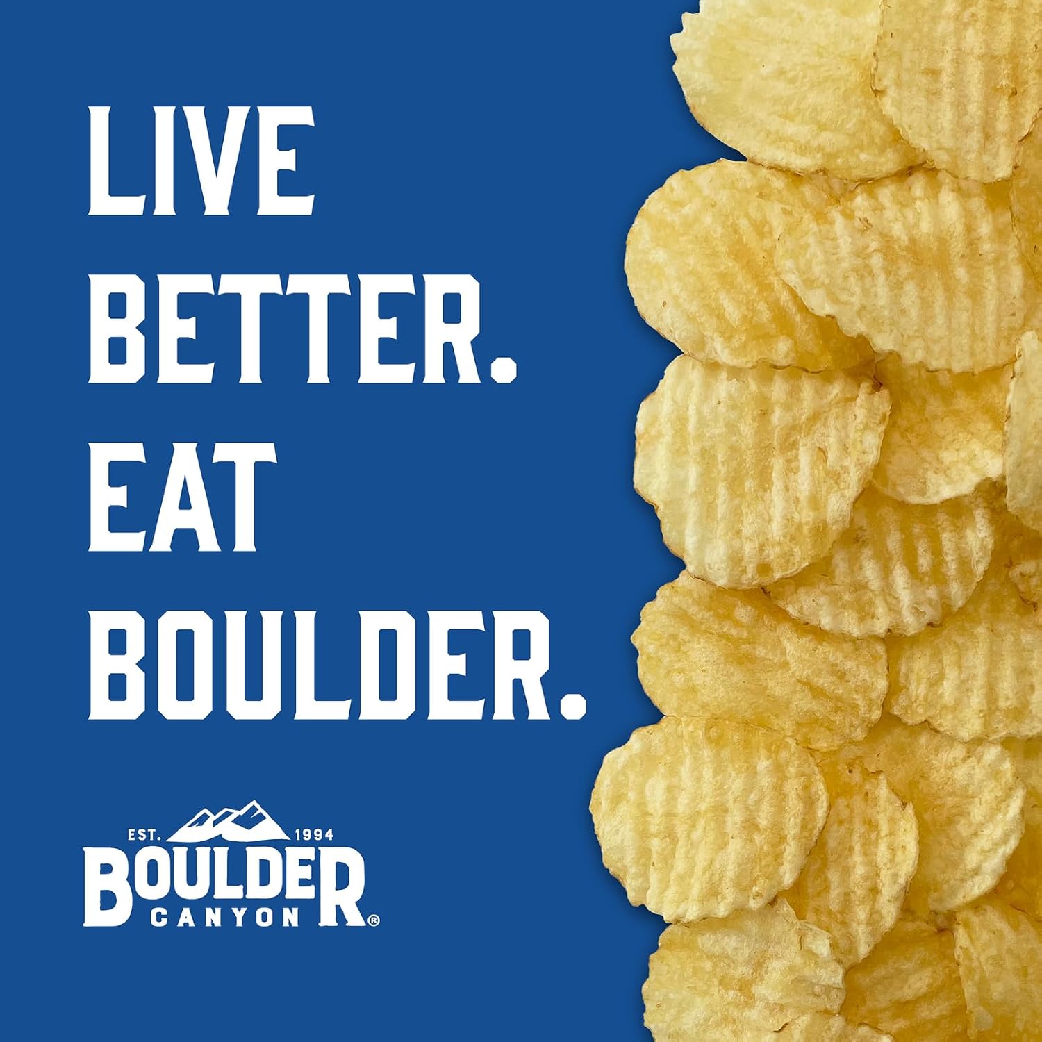 Boulder Canyon potato chips with 'Live Better. Eat Boulder.' text on a blue background