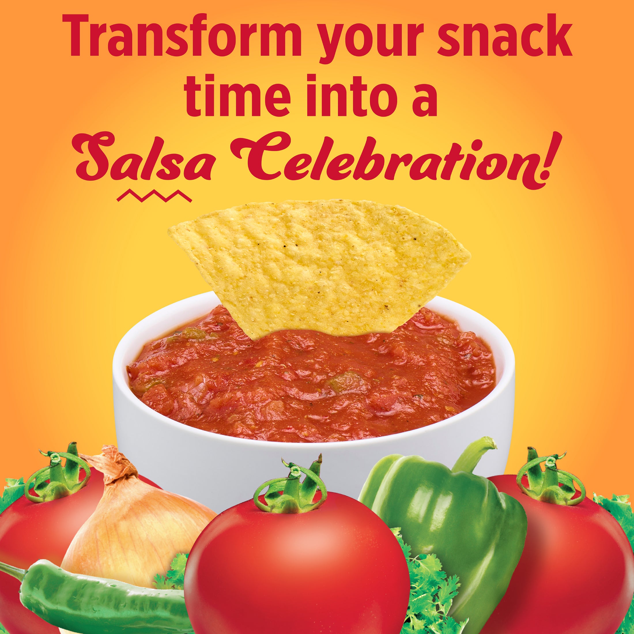 Promotional graphic for salsa with a bowl of salsa, tortilla chip, and vegetables on an orange background.
