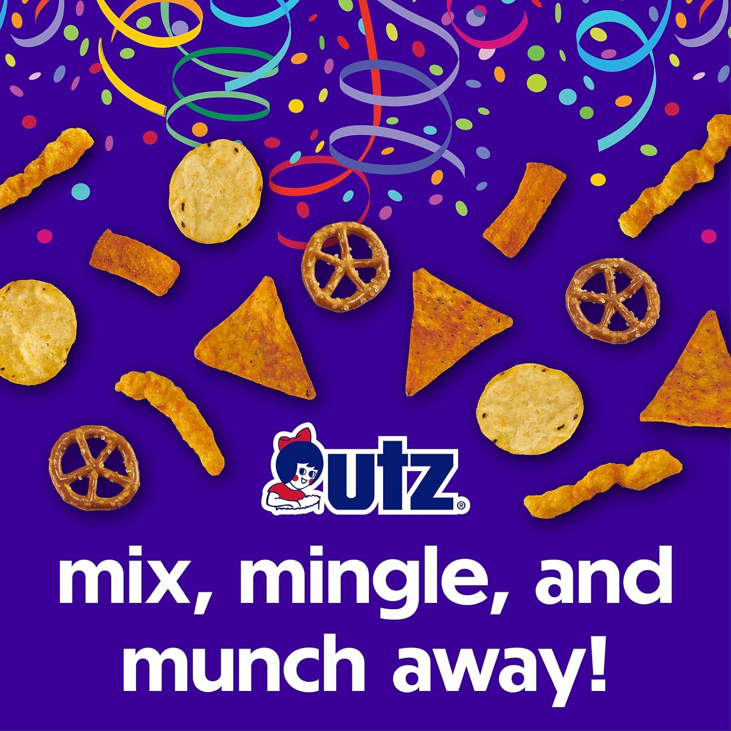 utz snack mix on a purple background with colorful confetti and ribbons