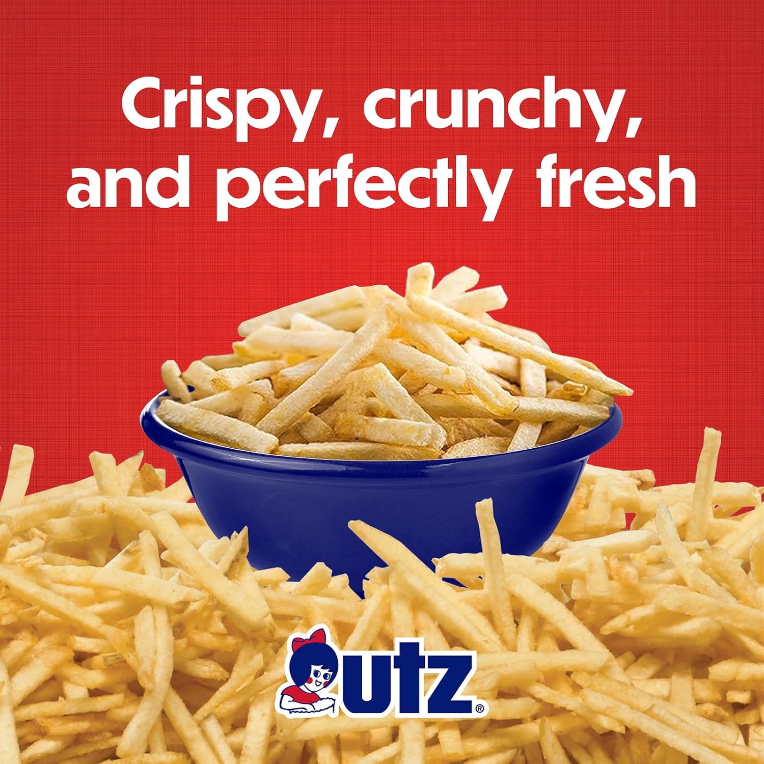 Bowl of Utz chips with text 'Crispy, crunchy, and perfectly fresh' on a red background