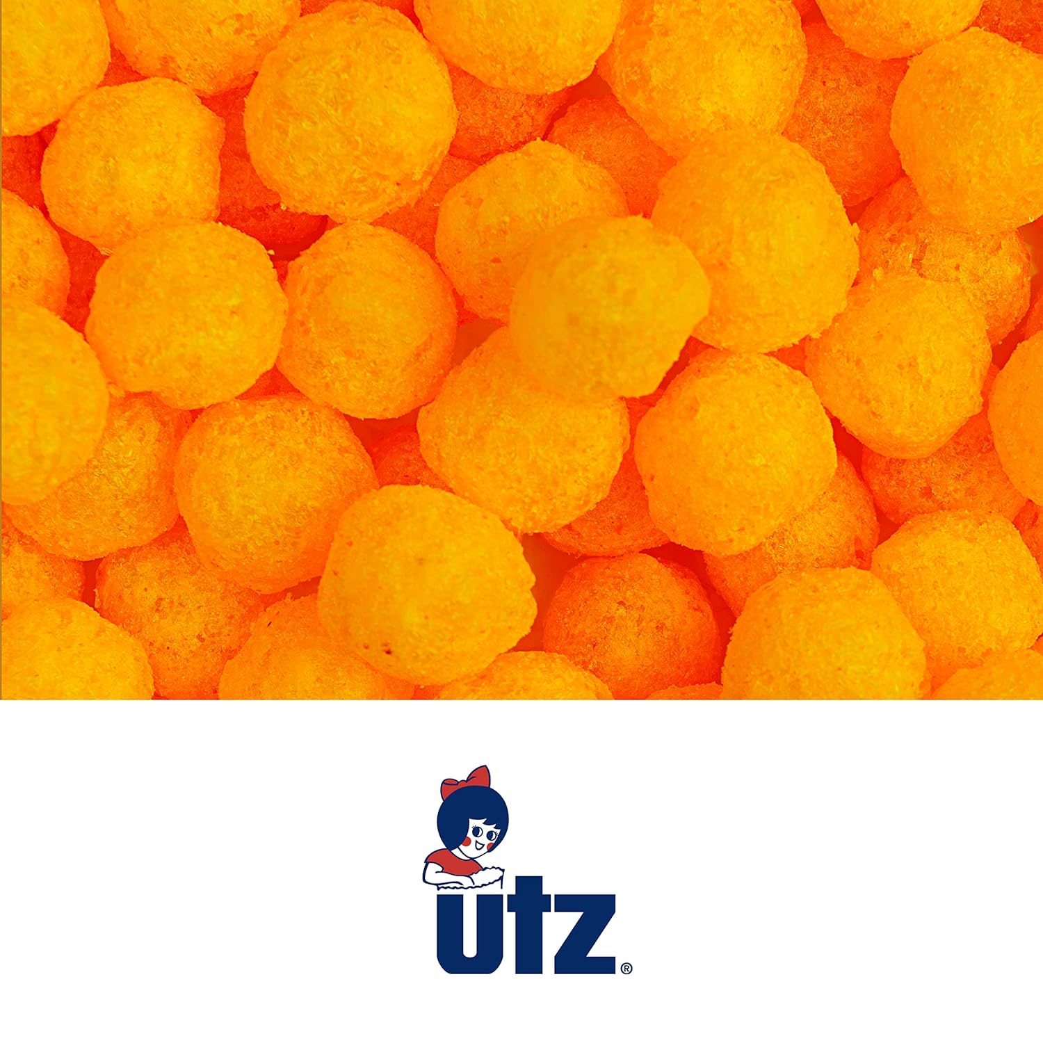Close-up of orange snack balls with UTZ logo at the bottom