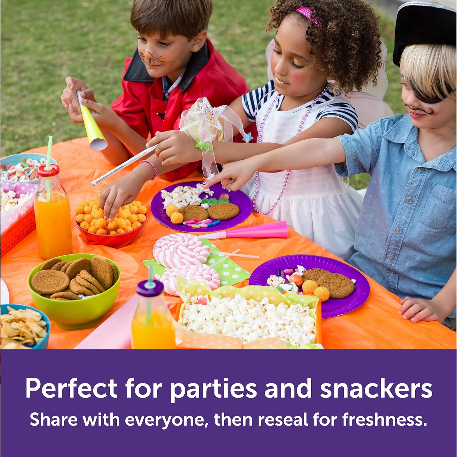 Children at a picnic table with snacks and drinks, text 'Perfect for parties and snackers'.