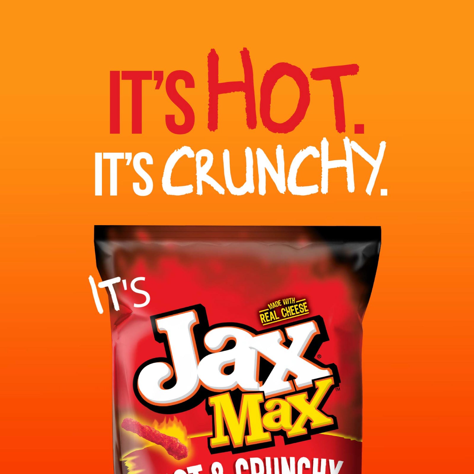 Promotional image of Jax Max snack packaging with text on an orange background