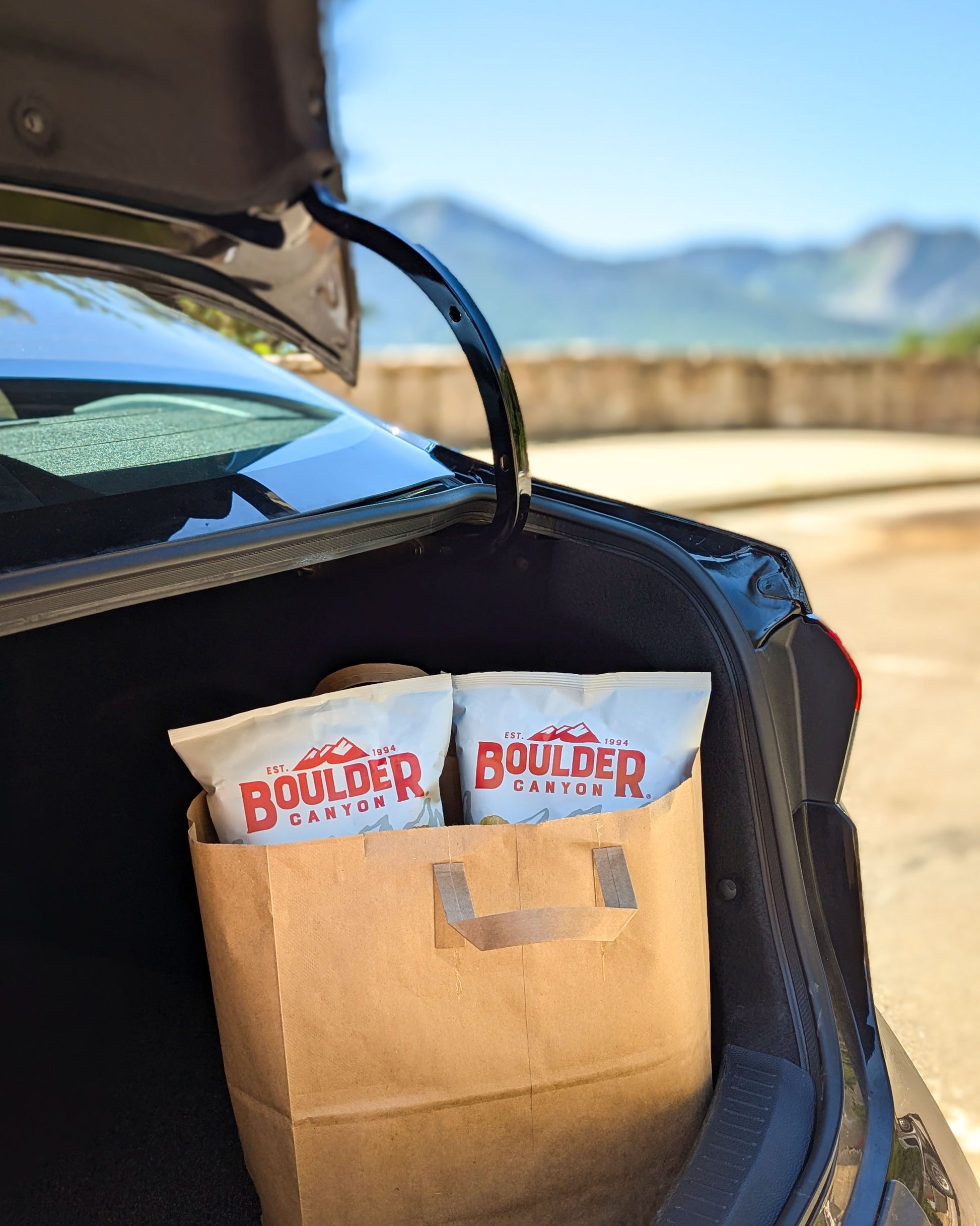 Car trunk with a brown paper bag and Boulder Canyon bags on a sunny day.