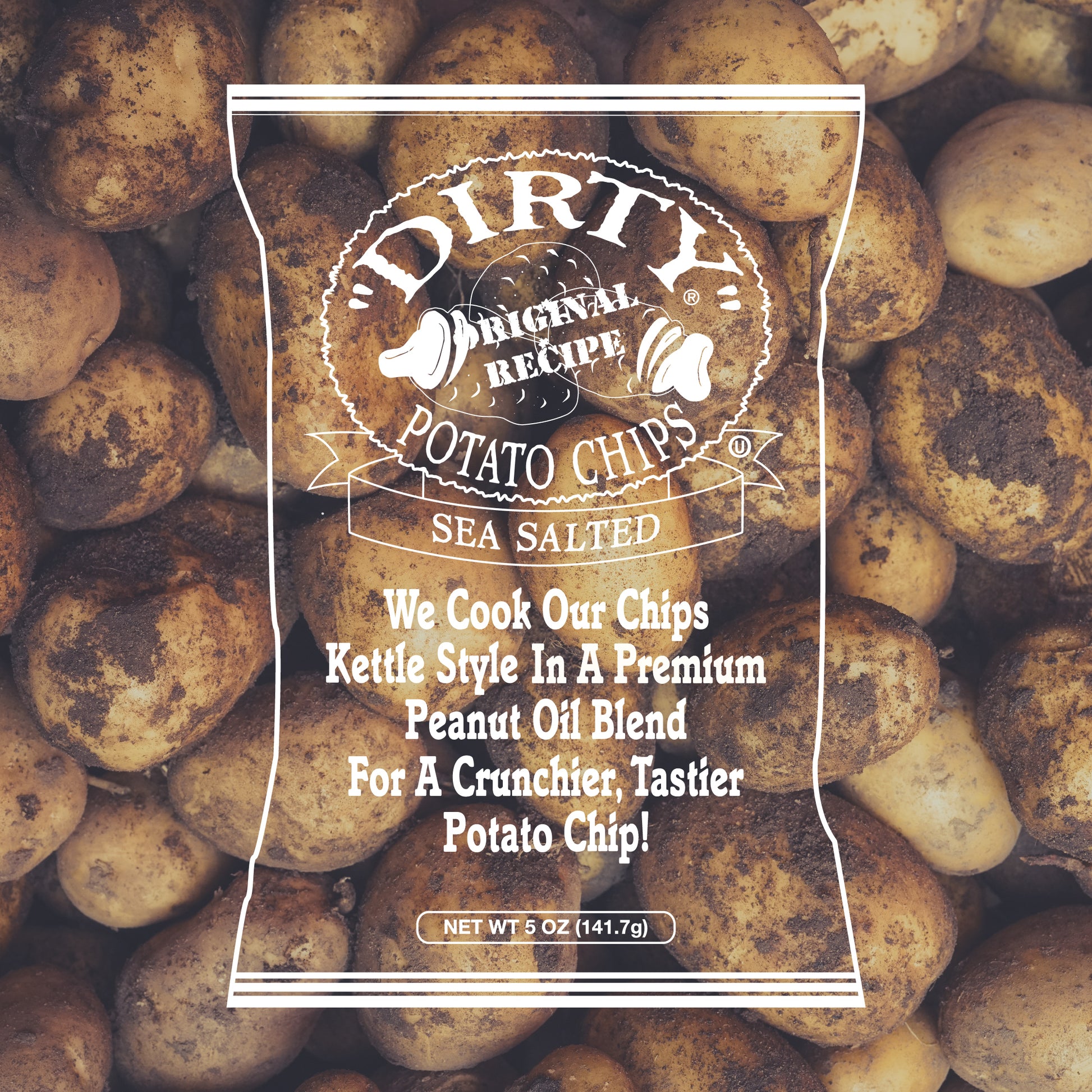 Bag of 'Dirty' Original Recipe Potato Chips on a background of potatoes