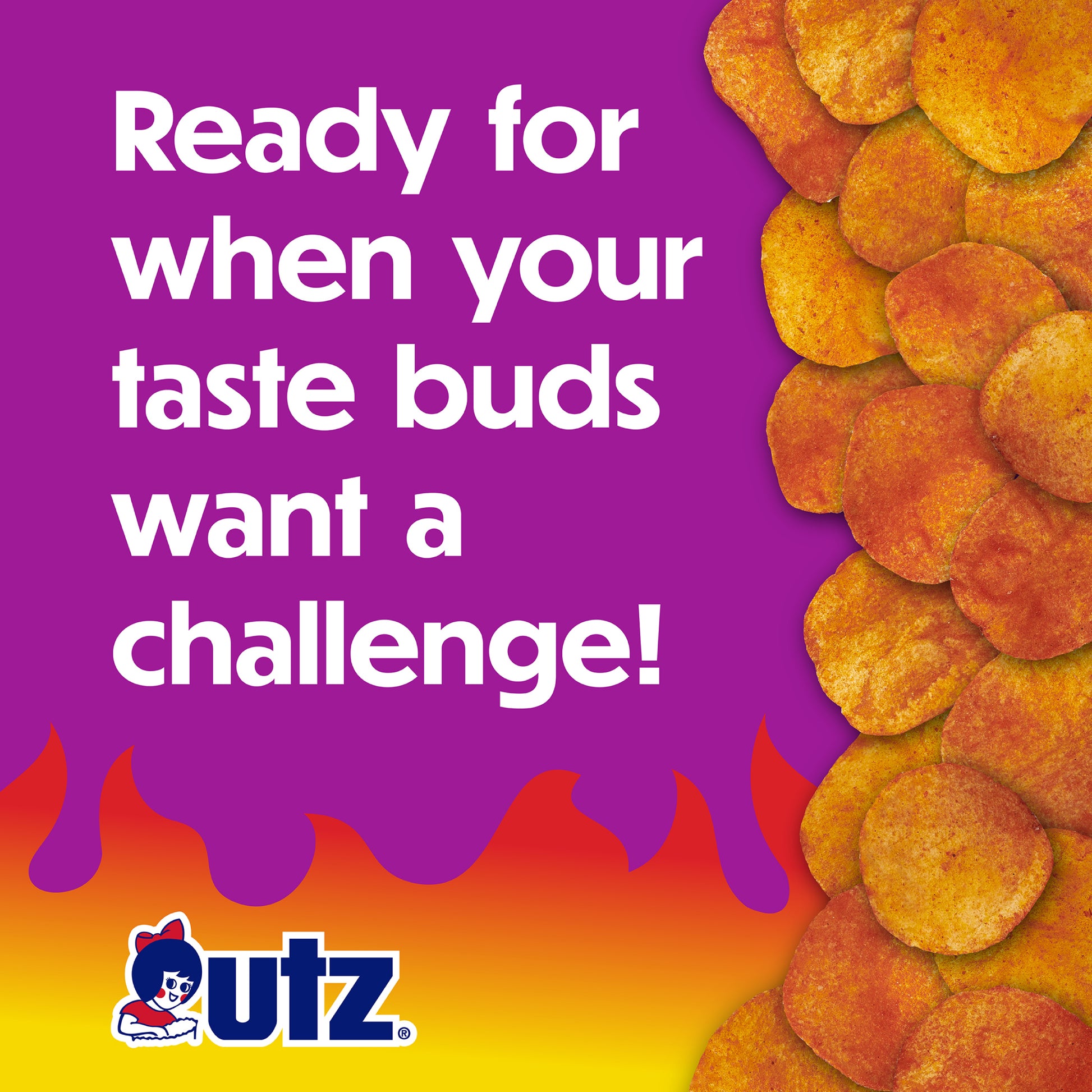 UTZ potato chips advertisement with purple and orange gradient and text 'Ready for when your taste buds want a challenge!'.