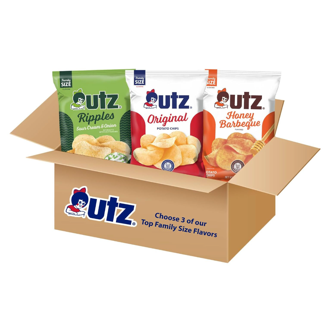 A box of Utz brand chips with three bags visible: Ripples, Original, and Honey Barbecue flavors.