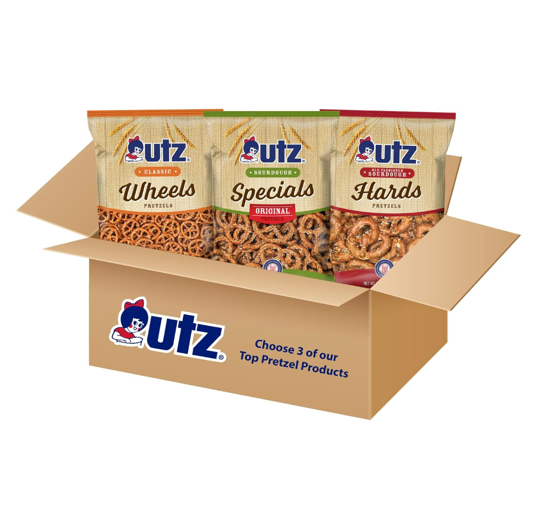 A box of Utz pretzels featuring three different flavors: Wheels, Specials, and Hards, with the text 'Choose 3 of our Top Pretzel Products' displayed.