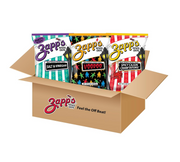 A box of Zapp's chips with three visible flavors: Voodoo, BBQ, and Plain.